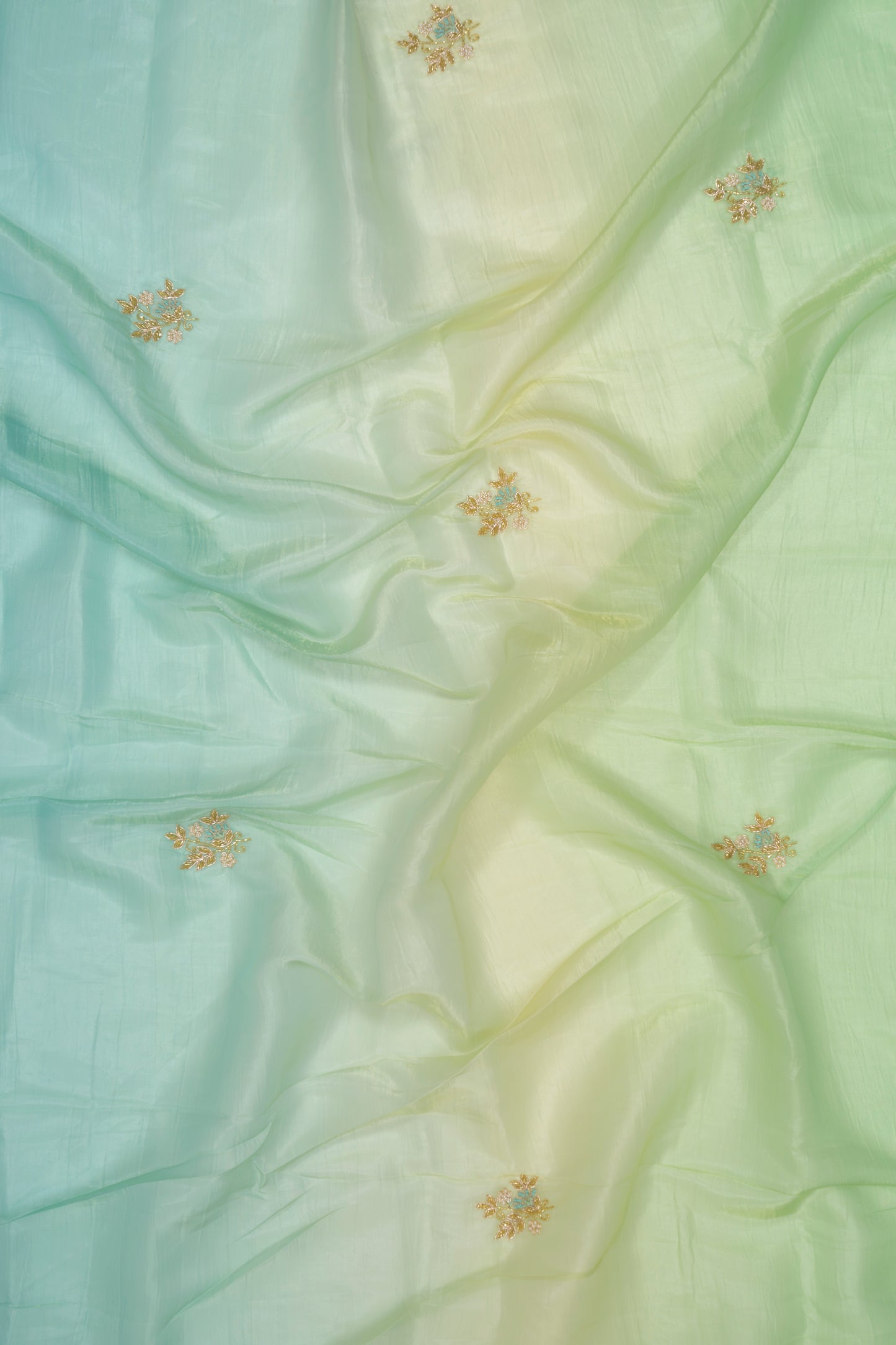 Green & Blue Embroidered Crush Tissue Saree