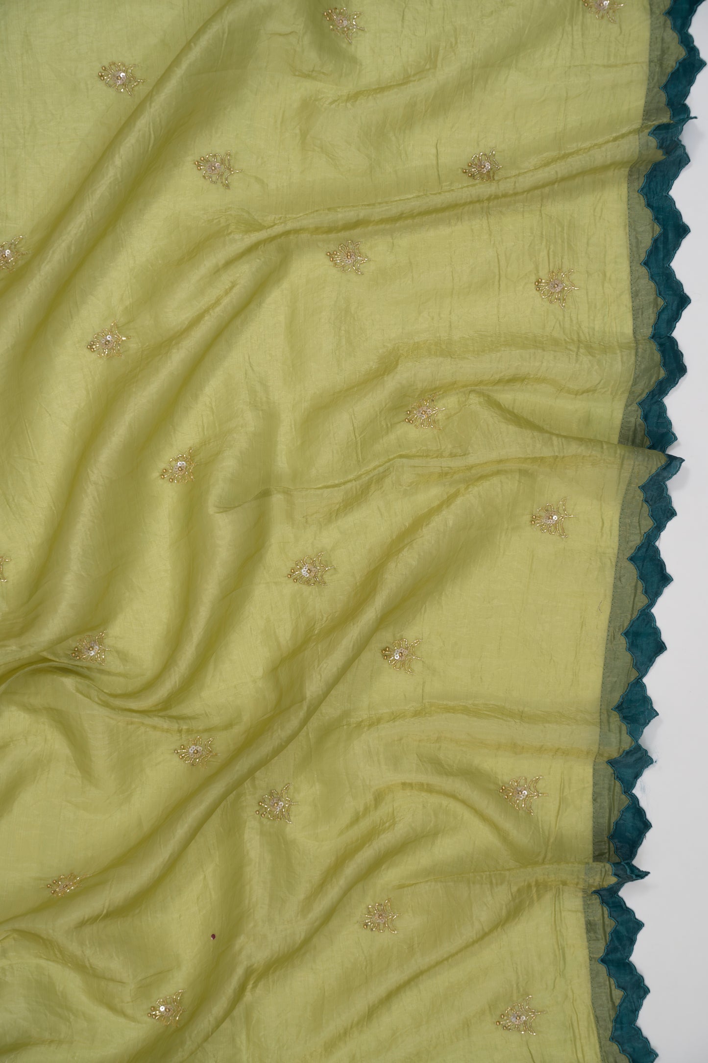 Leaf Green Embroidered Crush Tissue Saree