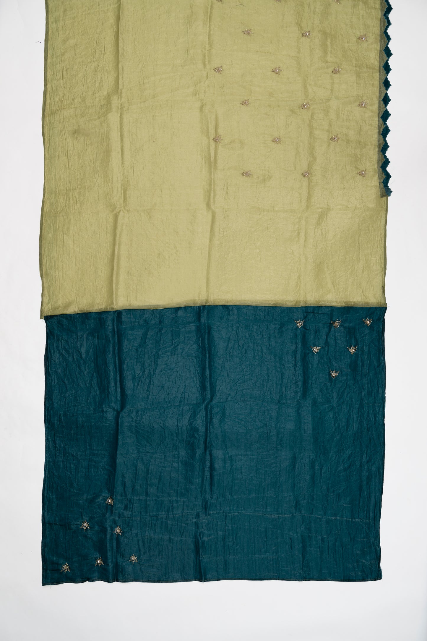 Leaf Green Embroidered Crush Tissue Saree