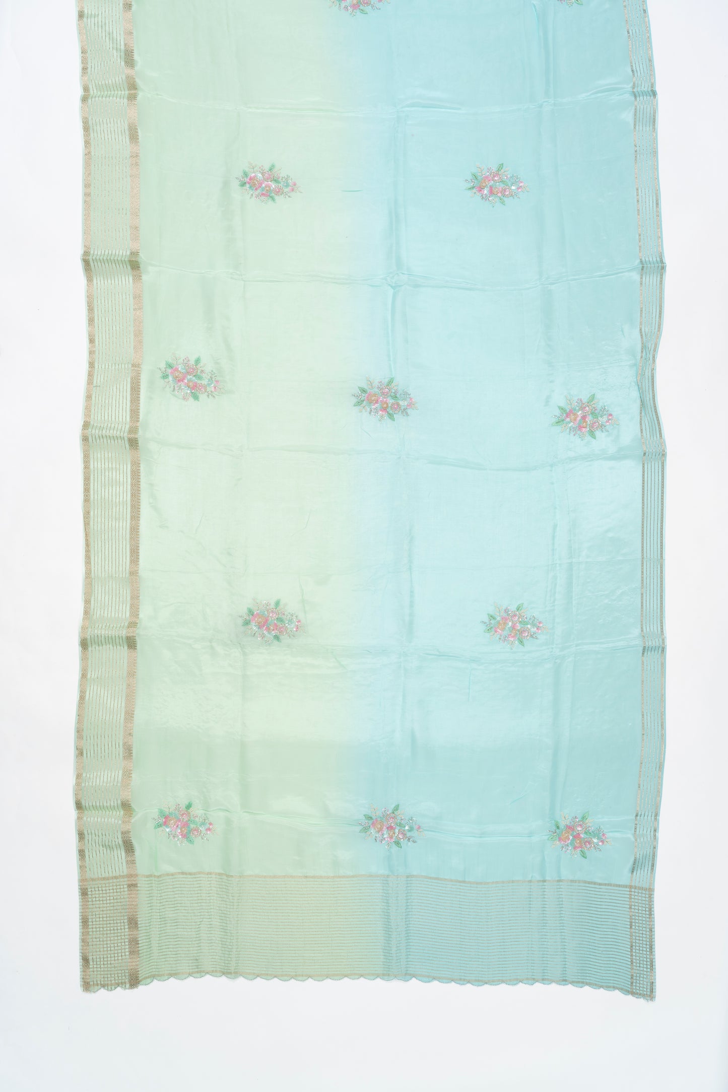 Green And Blue Embroidery Glass Tissue Saree