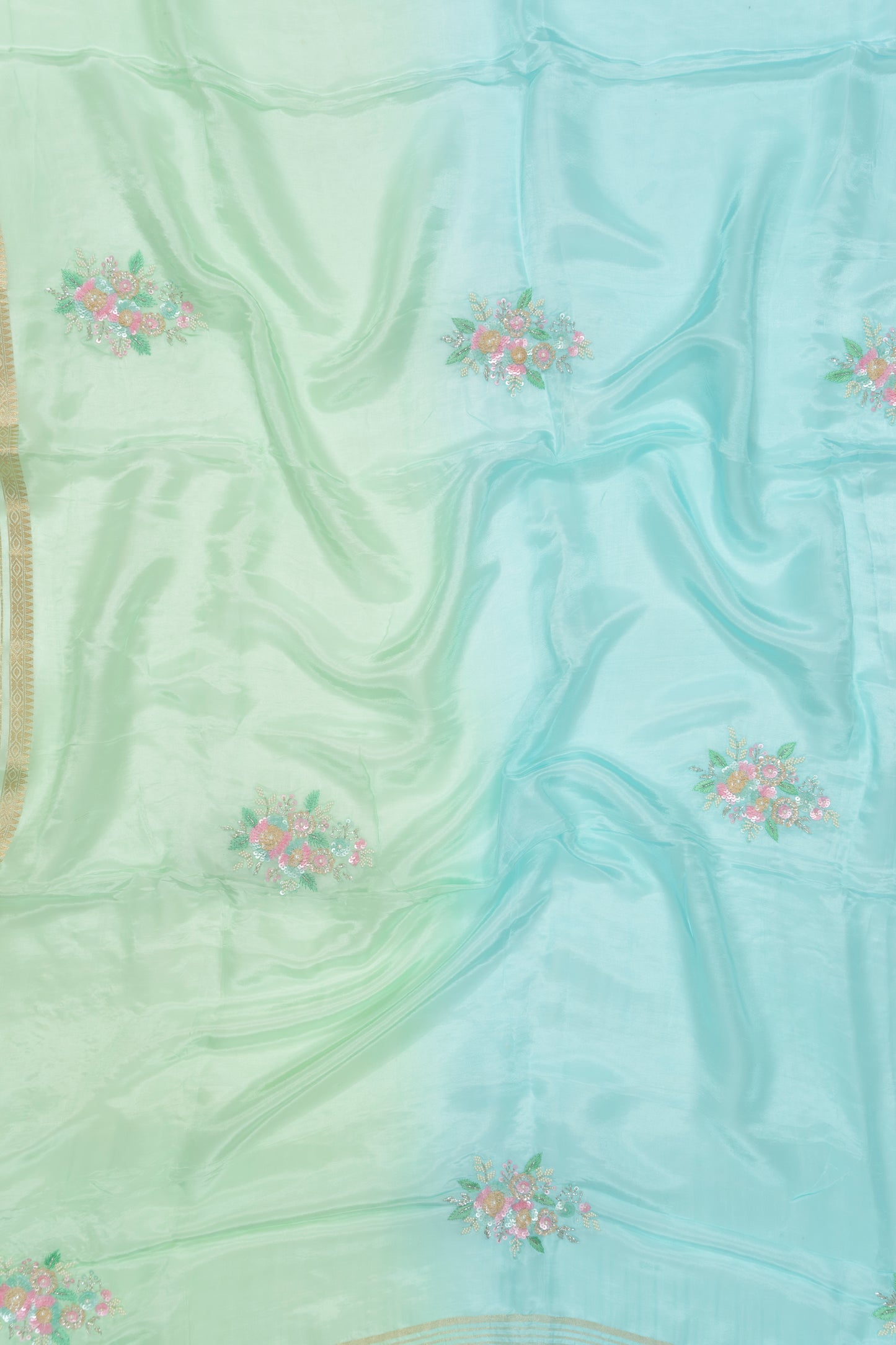 Green And Blue Embroidery Glass Tissue Saree