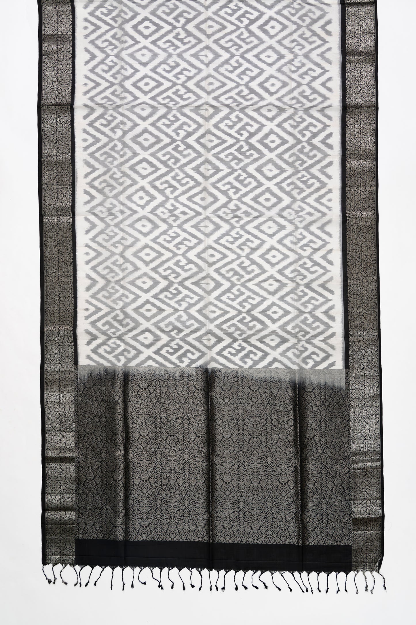 White & Black Ikat Soft Silk Saree