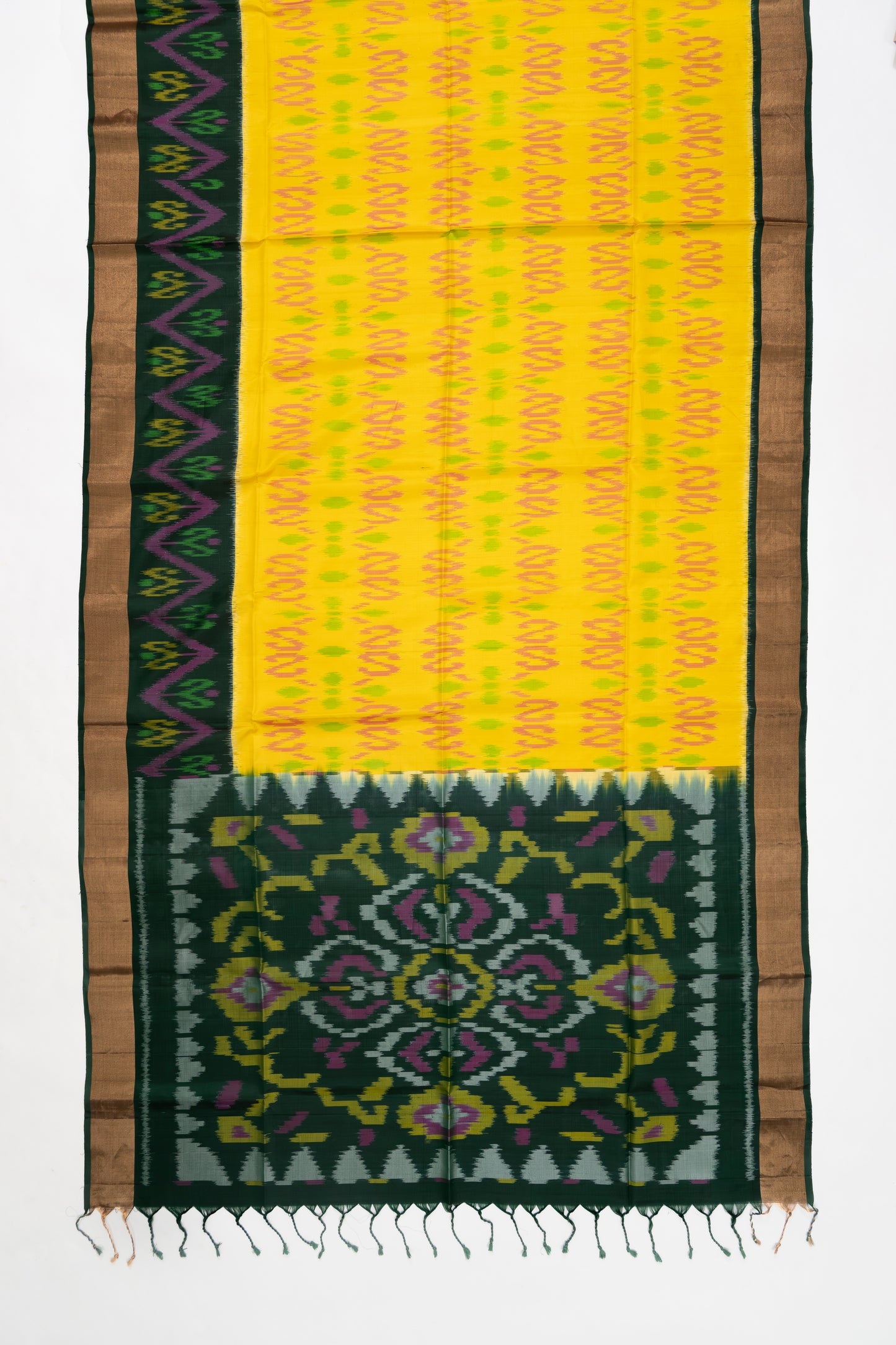 Bright Yellow & Green Ikat Soft Silk Saree