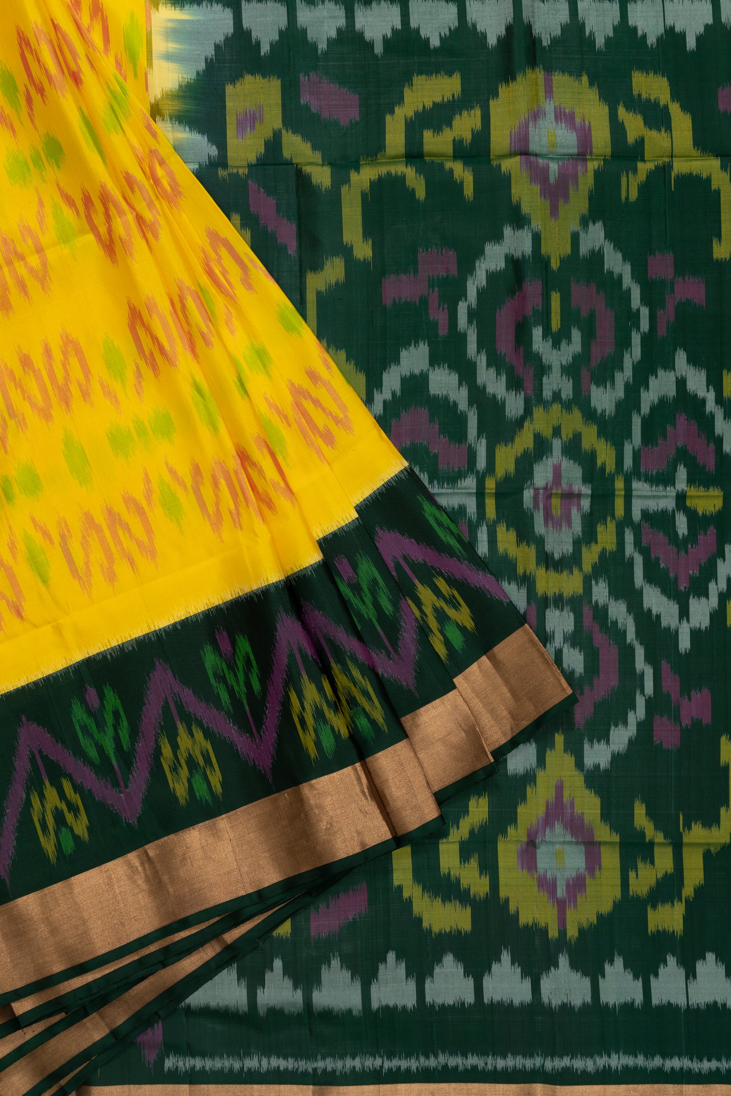 Bright Yellow & Green Ikat Soft Silk Saree