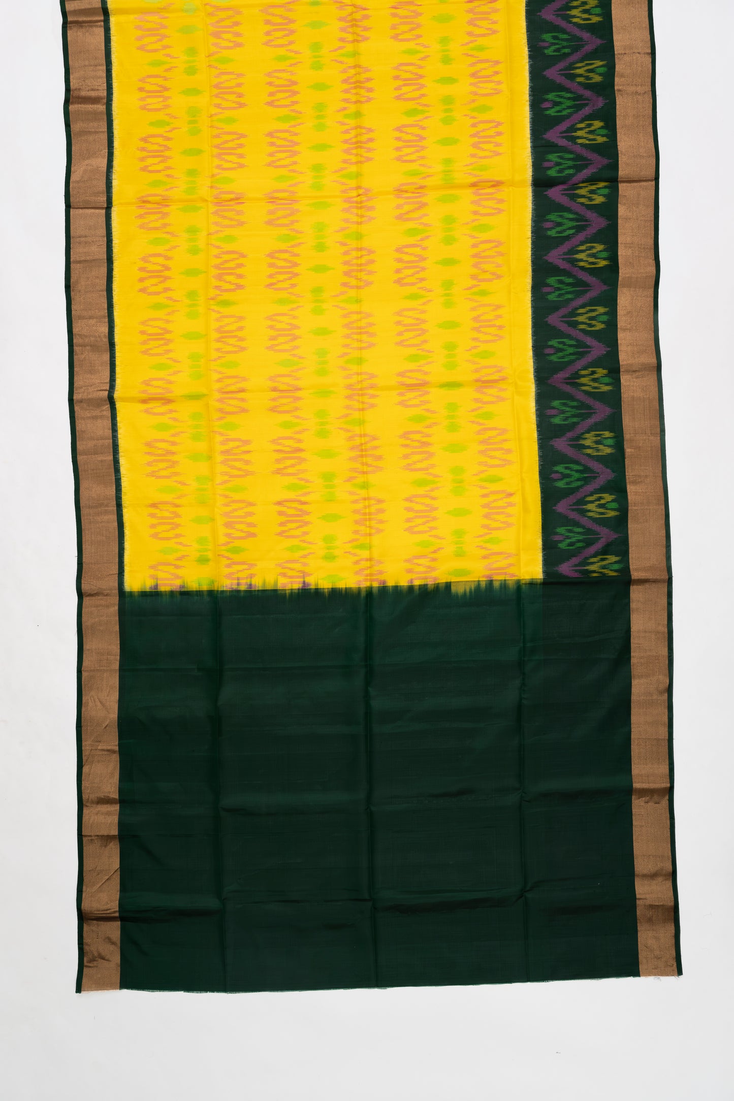 Bright Yellow & Green Ikat Soft Silk Saree