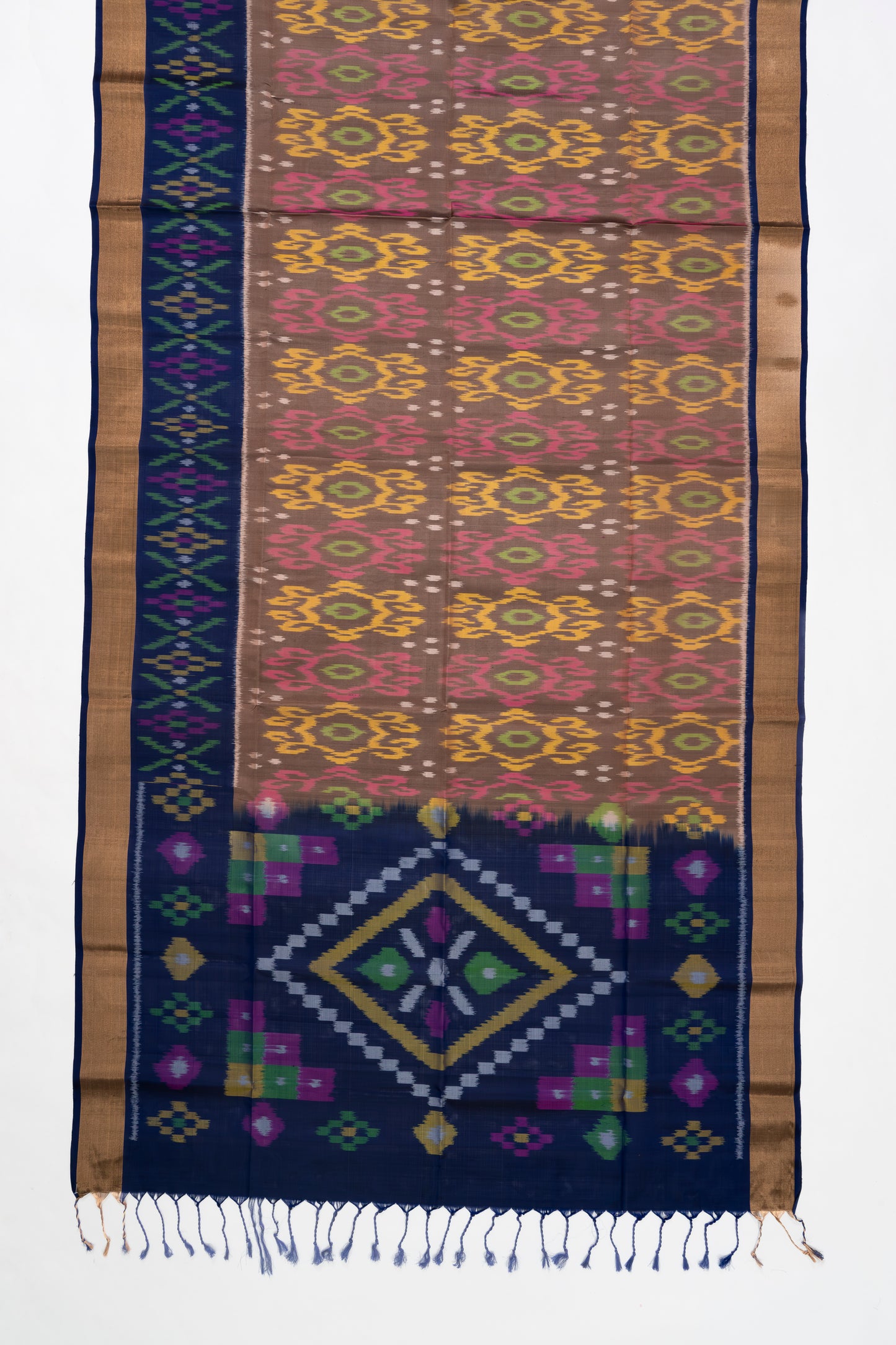 Brick Brown & Blue Ikat Soft Silk Saree