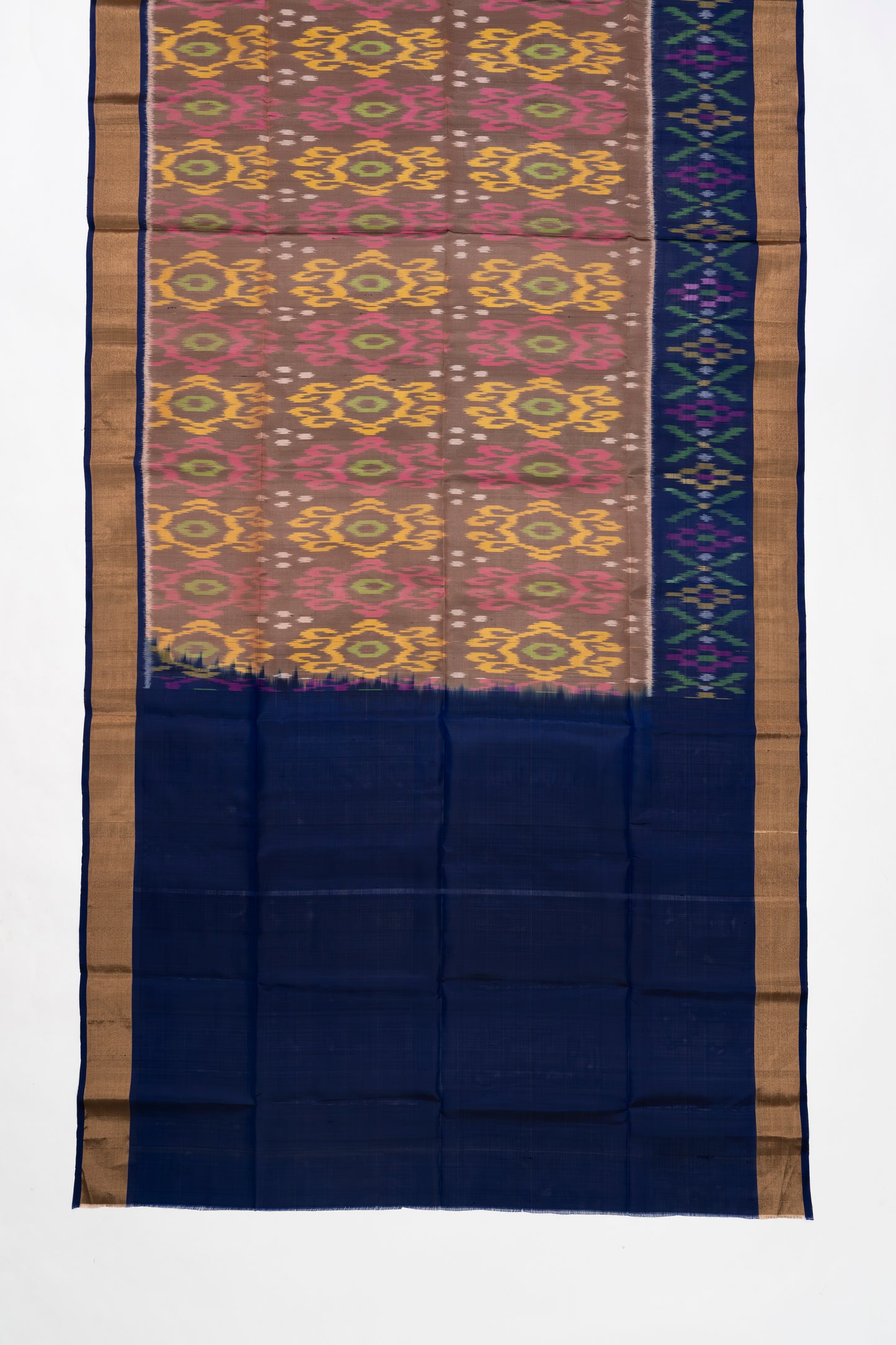 Brick Brown & Blue Ikat Soft Silk Saree