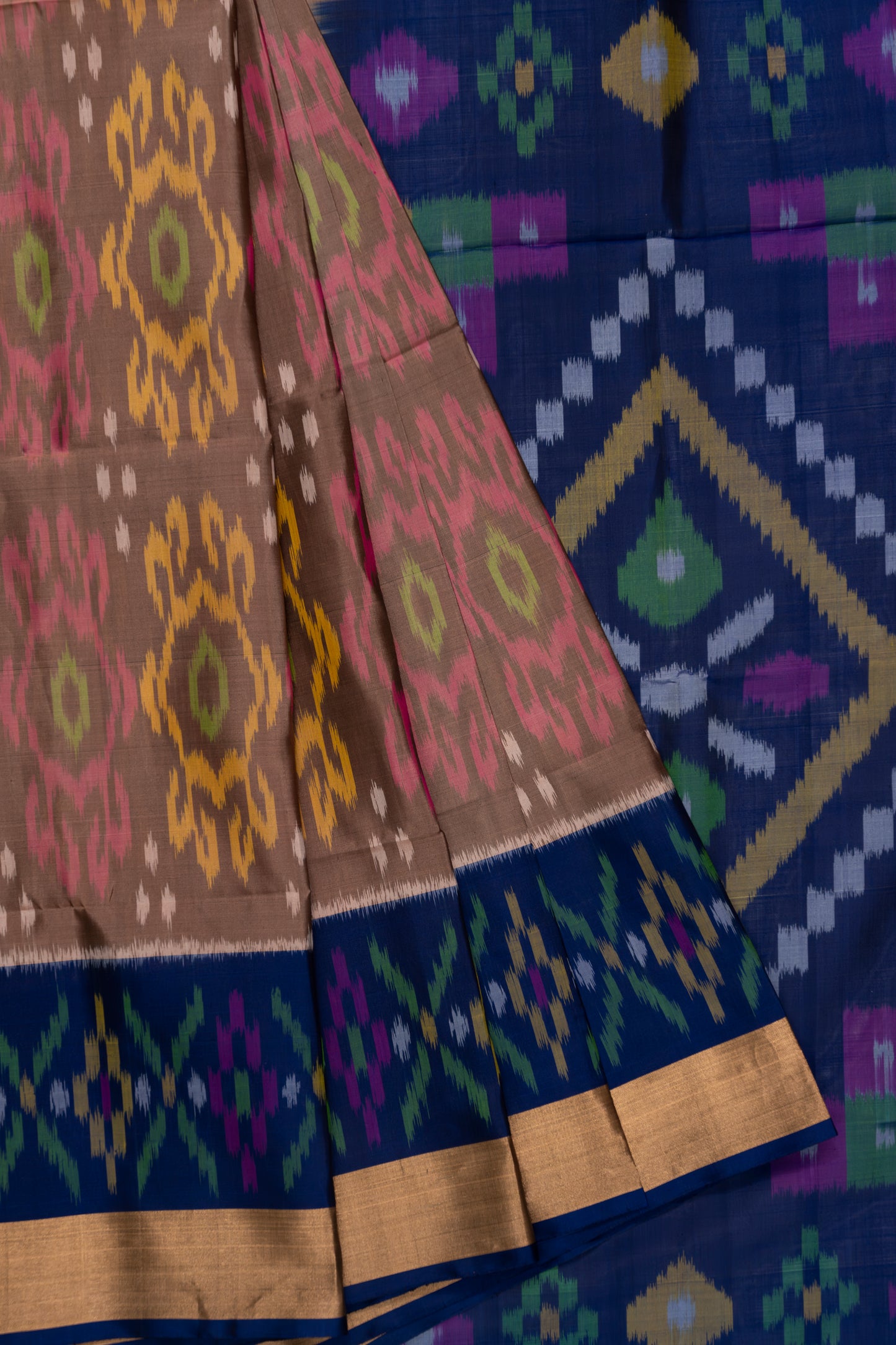 Brick Brown & Blue Ikat Soft Silk Saree