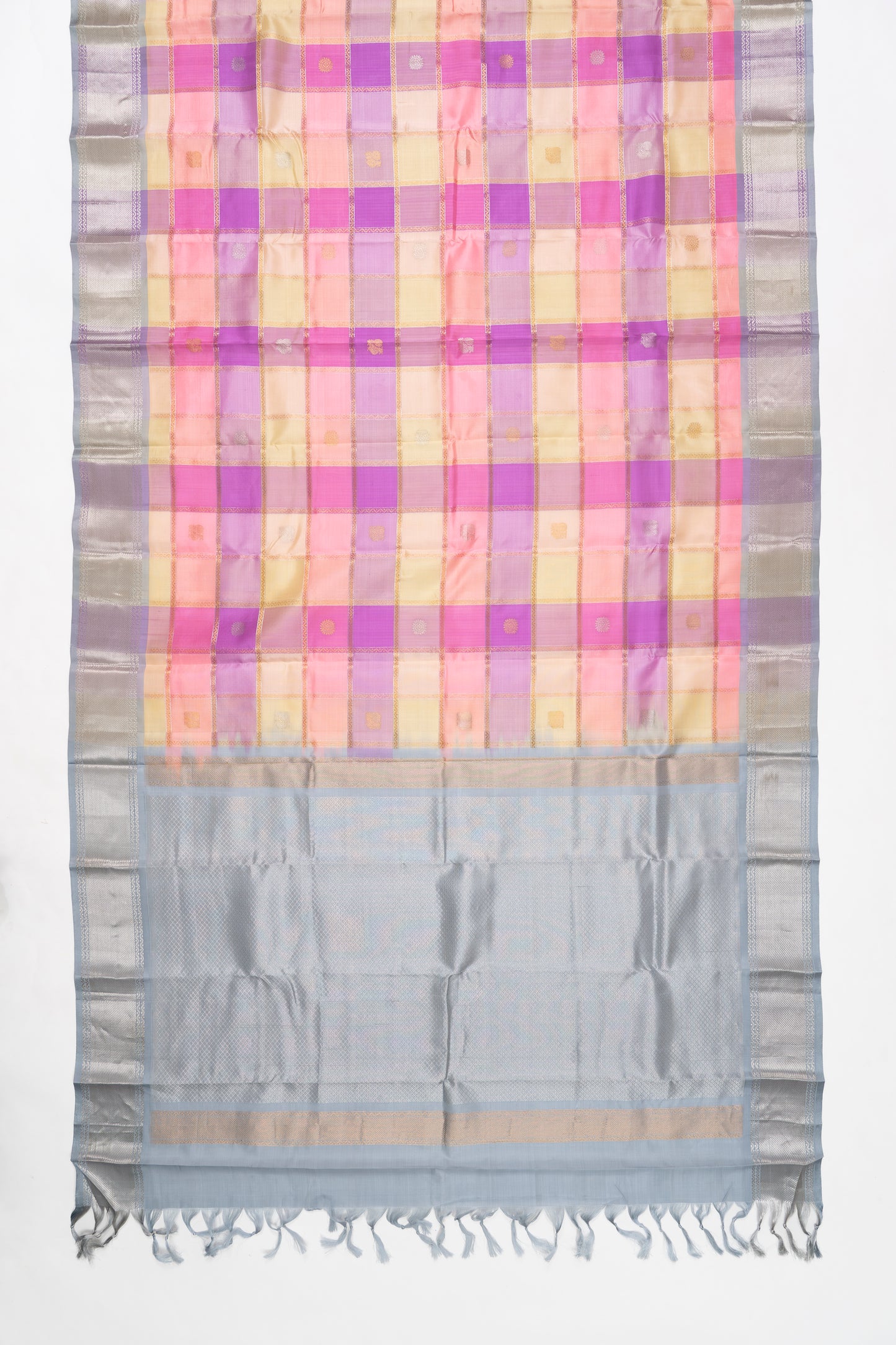 Peach Multicolour Checks Mangalagiri Pattu Saree