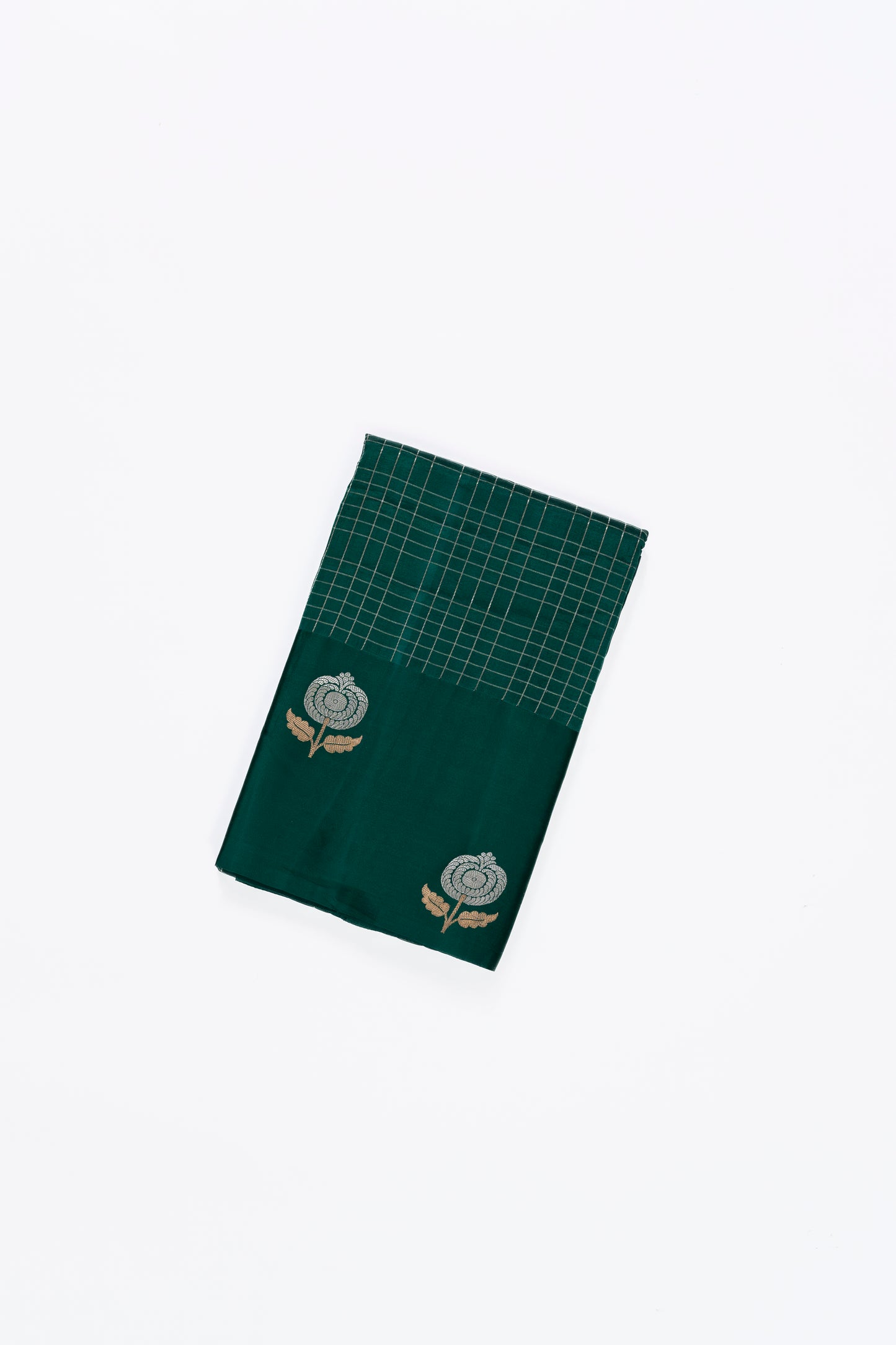 Bottle Green Checks Raw Mango Saree With Satin Border