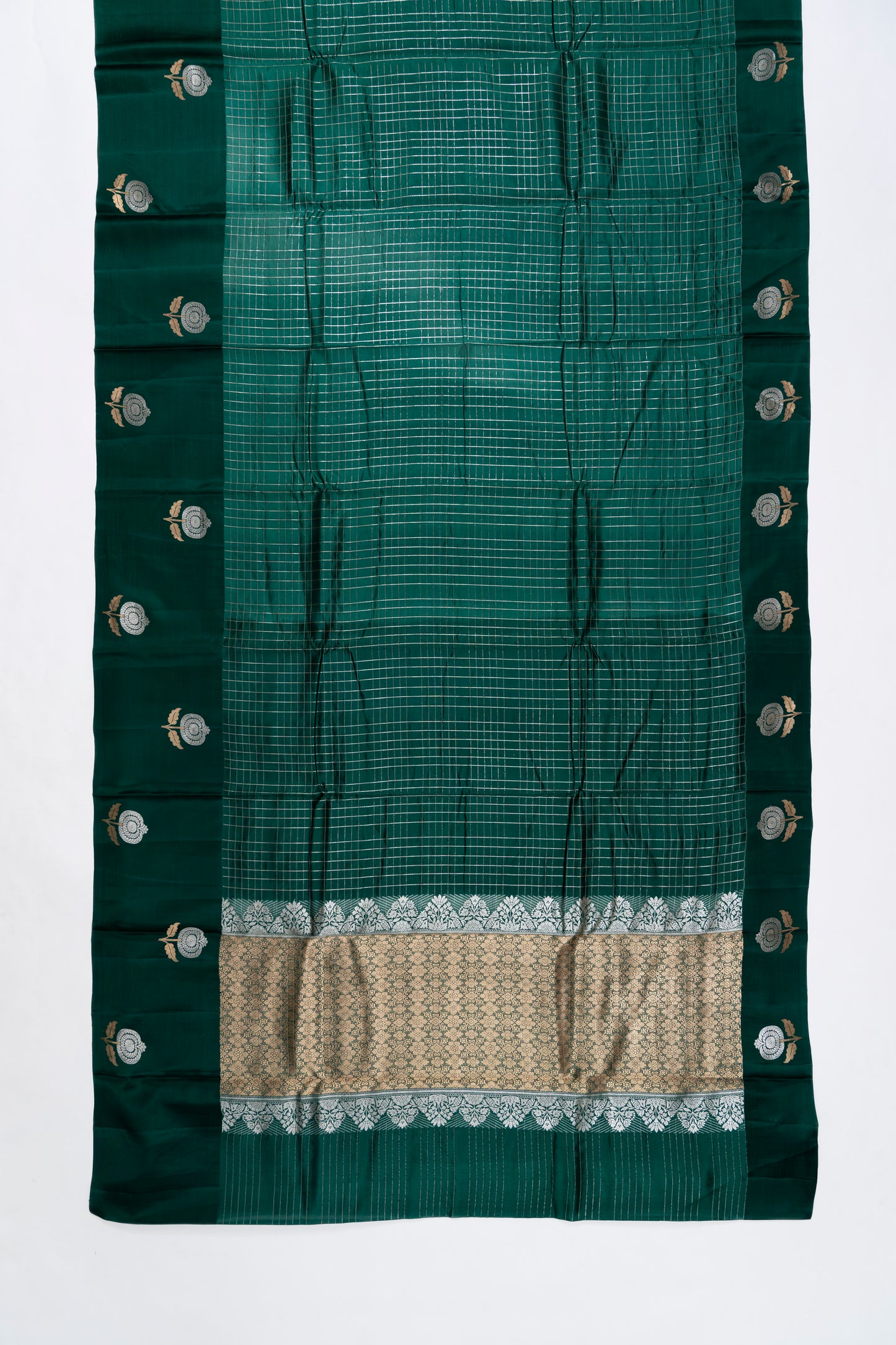Bottle Green Checks Raw Mango Saree With Satin Border