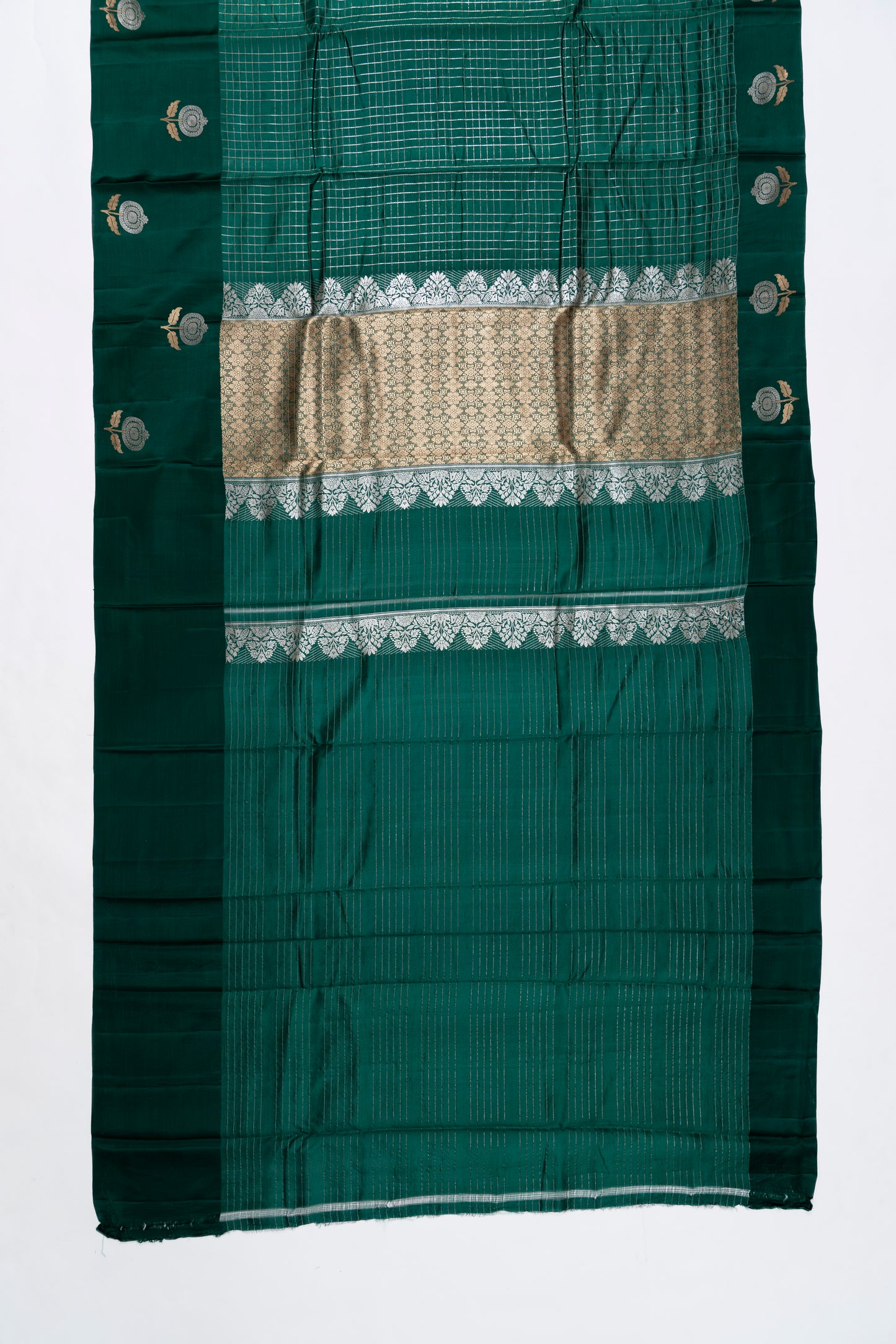 Bottle Green Checks Raw Mango Saree With Satin Border