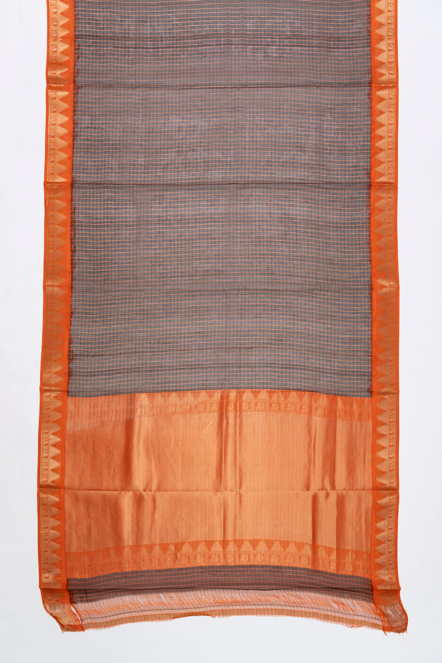 Grey & Orange Checks Chanderi Seiko Saree