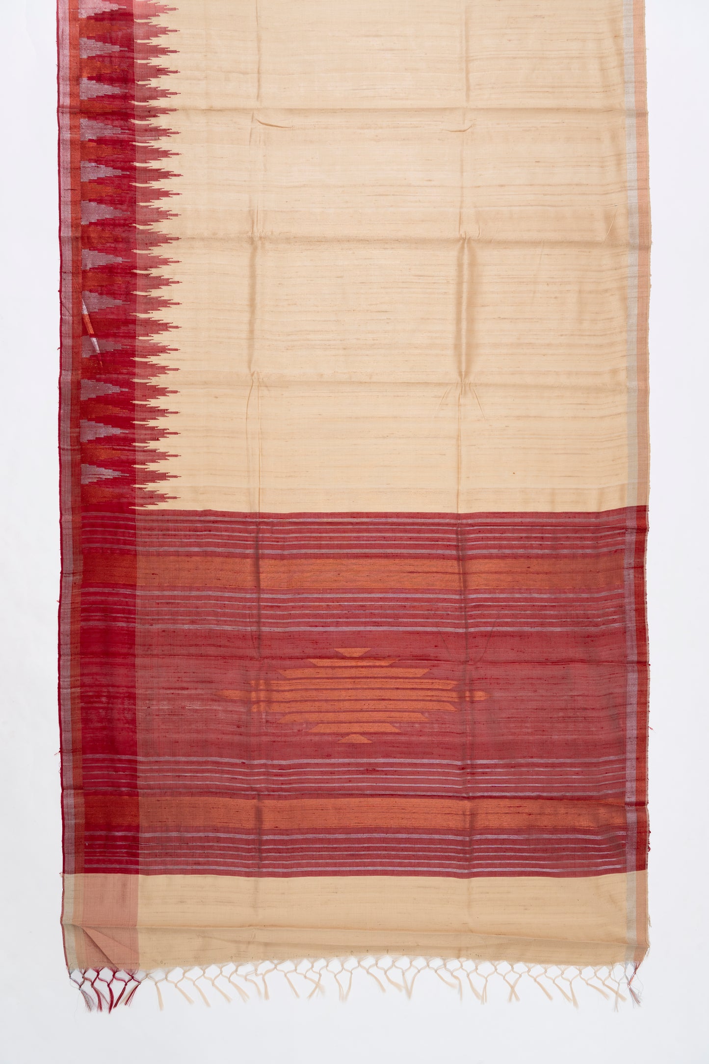 Coral Peach & Red Jute Silk Saree