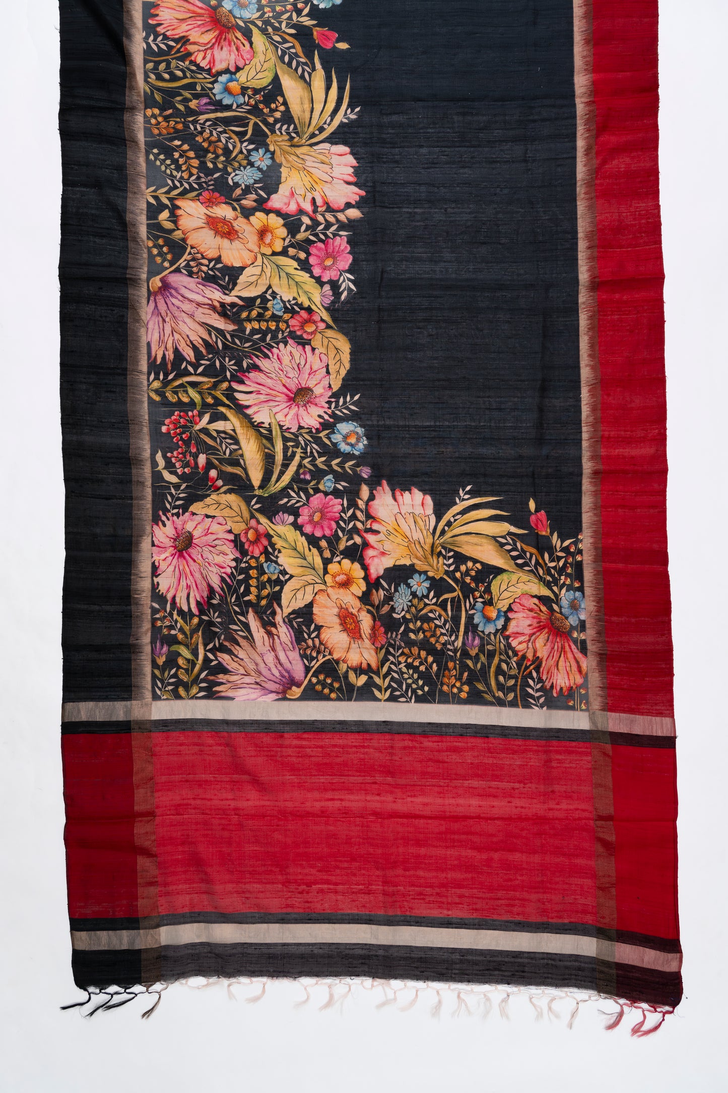 Deep Black Printed Tussar Silk Saree