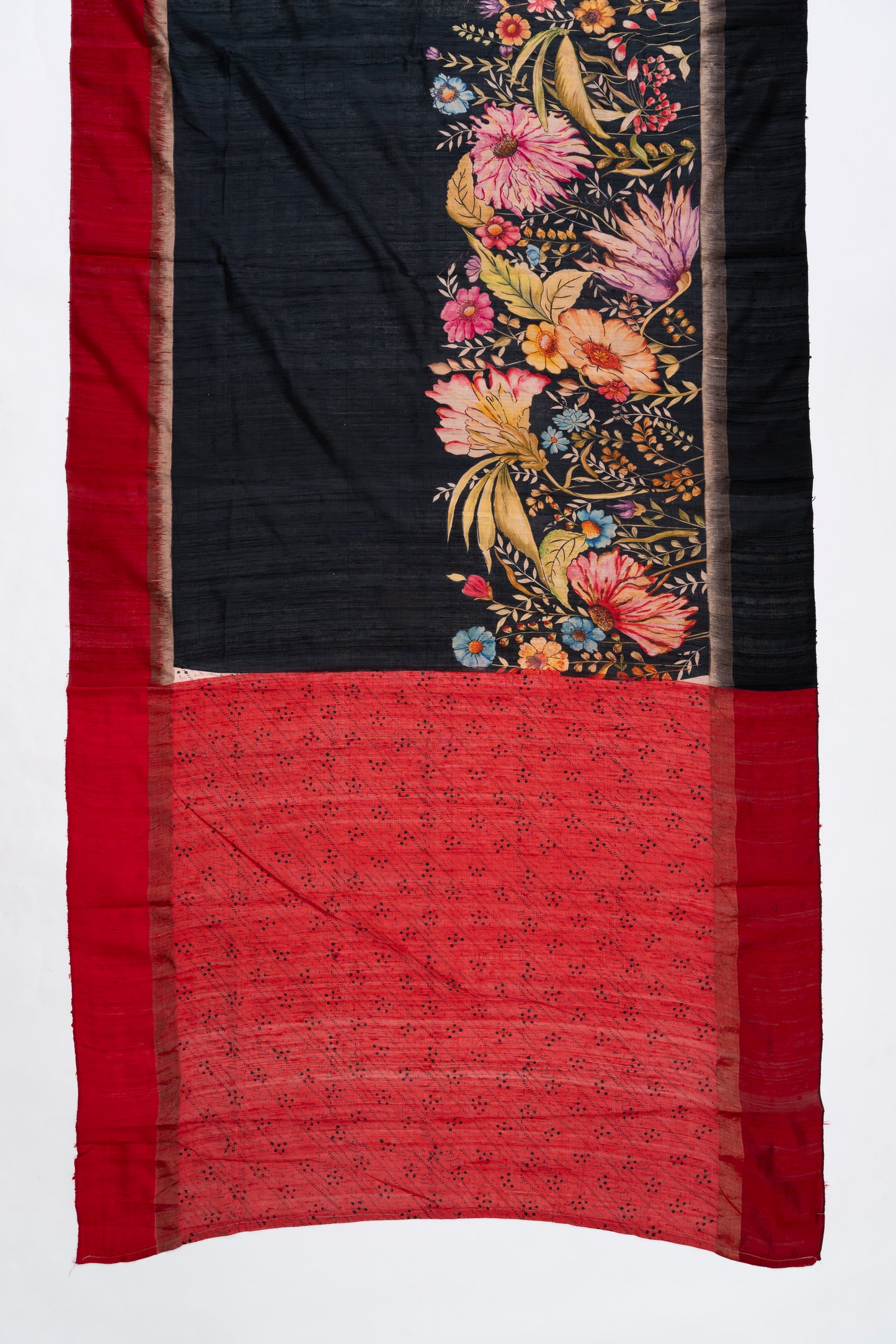 Deep Black Printed Tussar Silk Saree