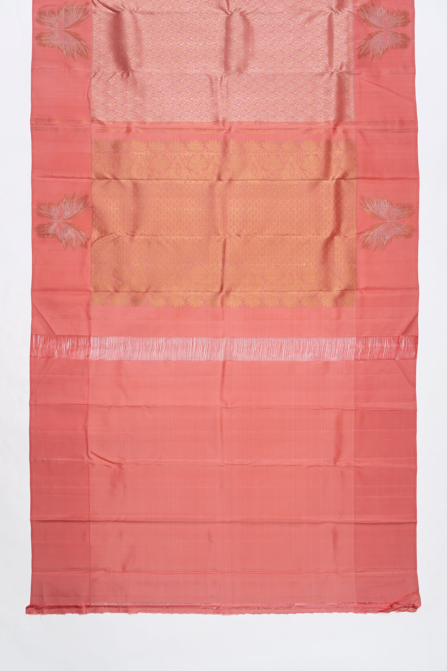 Peach Orange Jaal Kanchi Pattu Saree With Butterfly Border