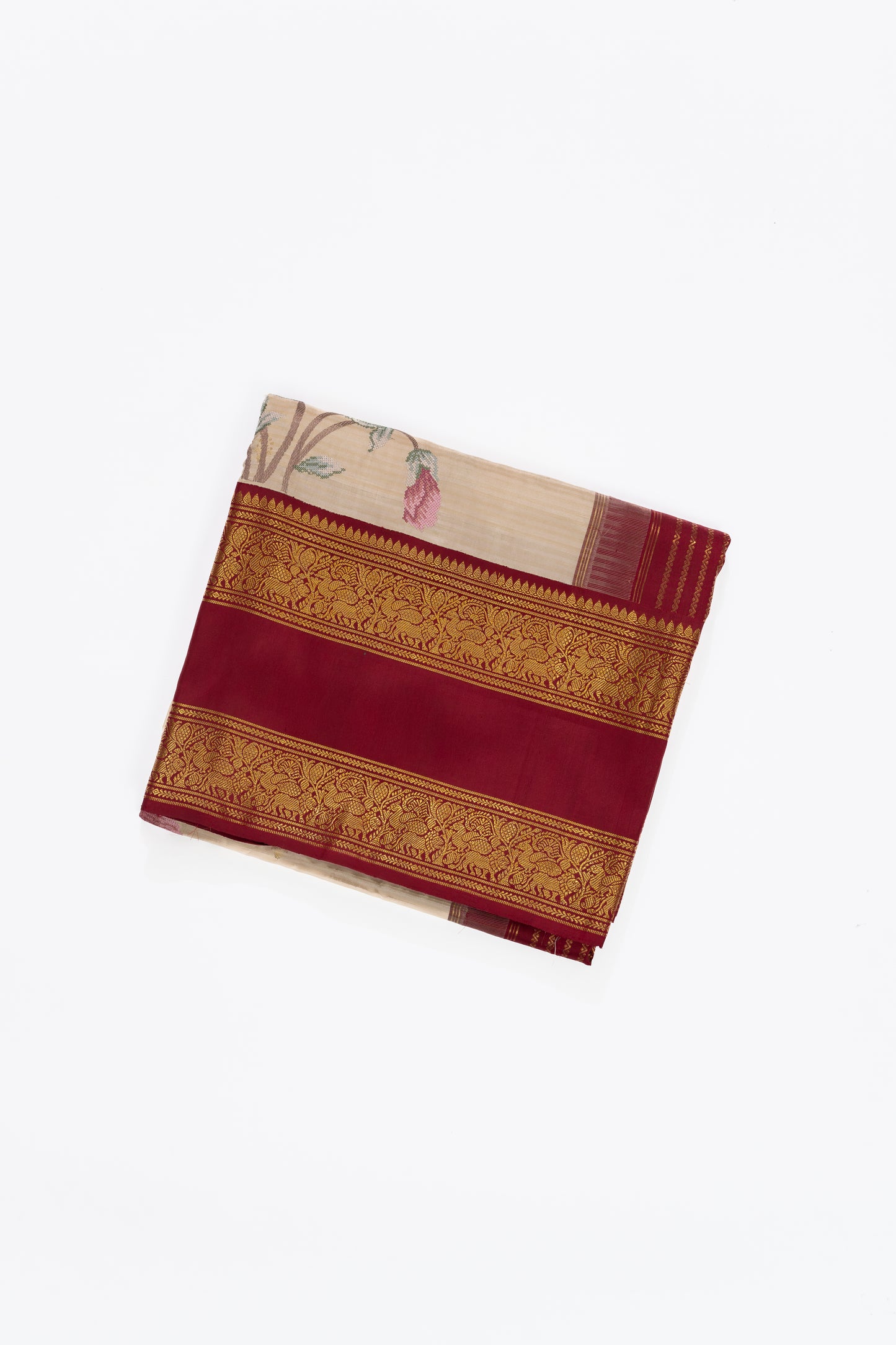 Cream And Maroon Kanchi Saree With Embroidery