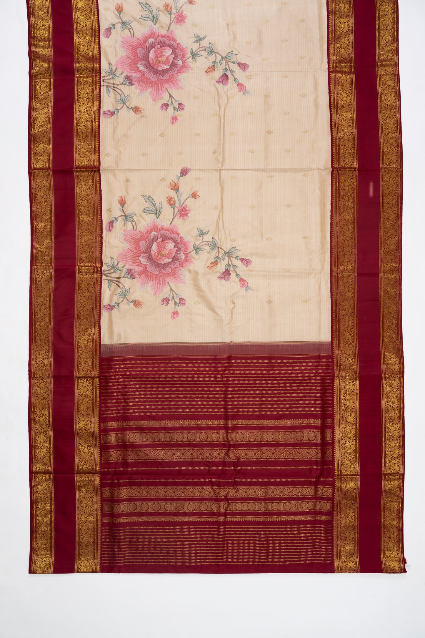 Cream And Maroon Kanchi Saree With Embroidery