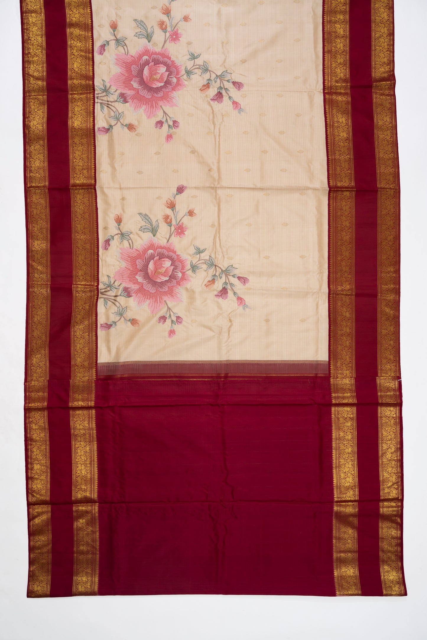 Cream And Maroon Kanchi Saree With Embroidery