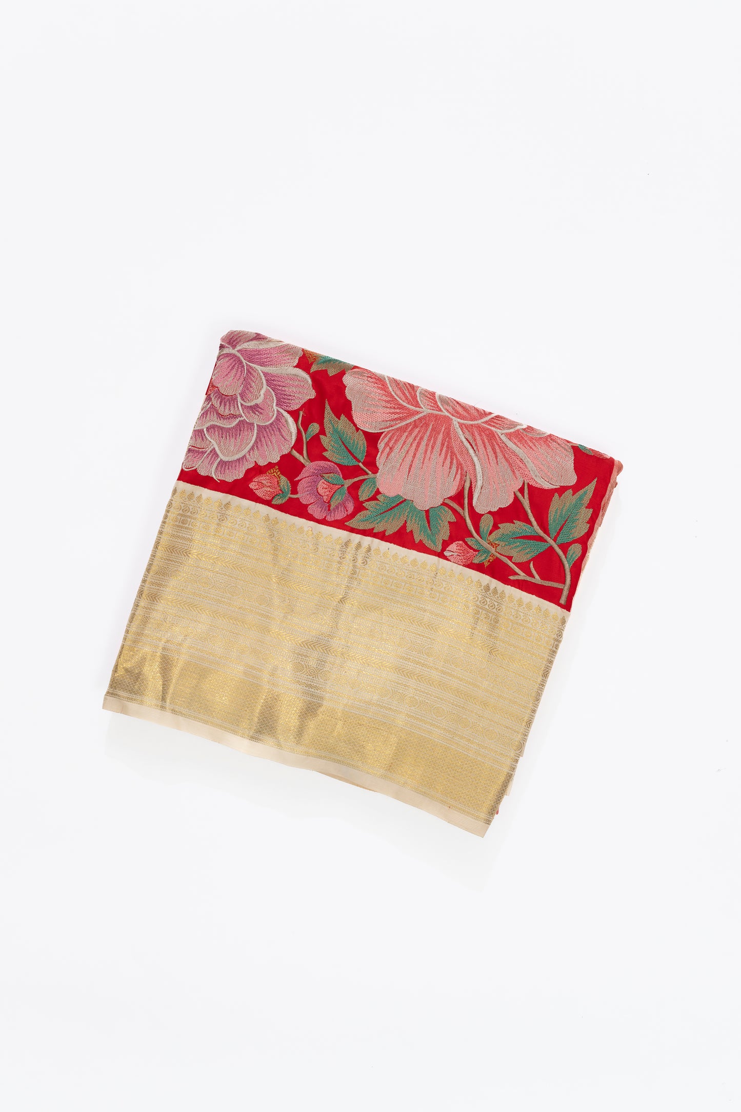 Red And Cream Kanchi Saree With Embroidery