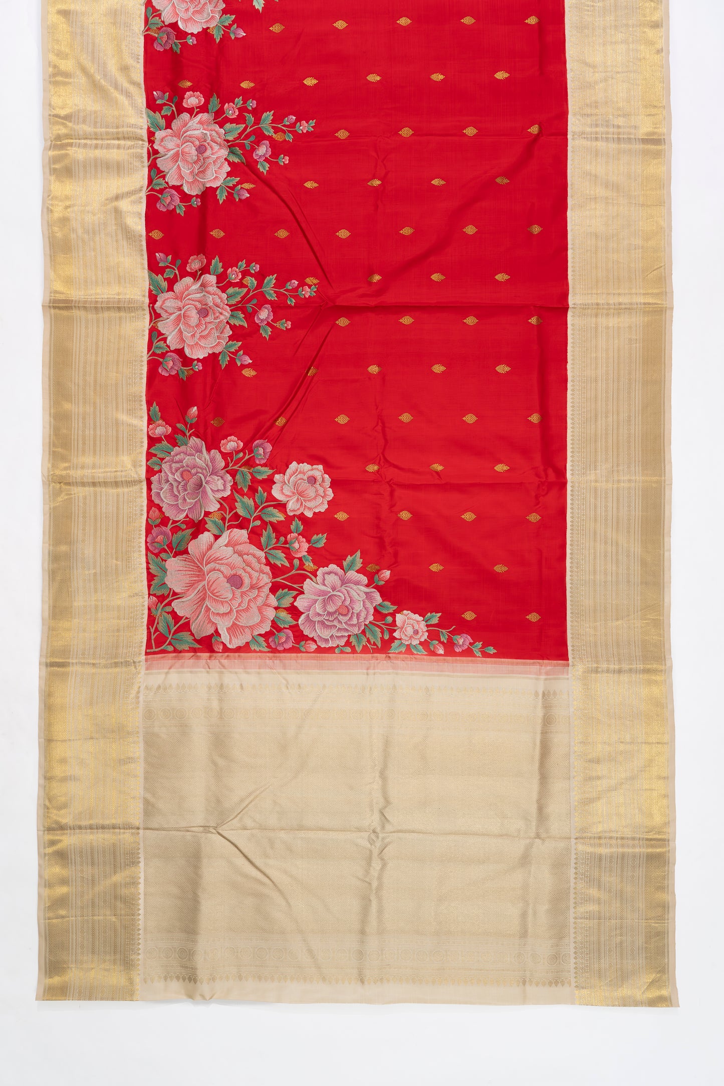 Red And Cream Kanchi Saree With Embroidery