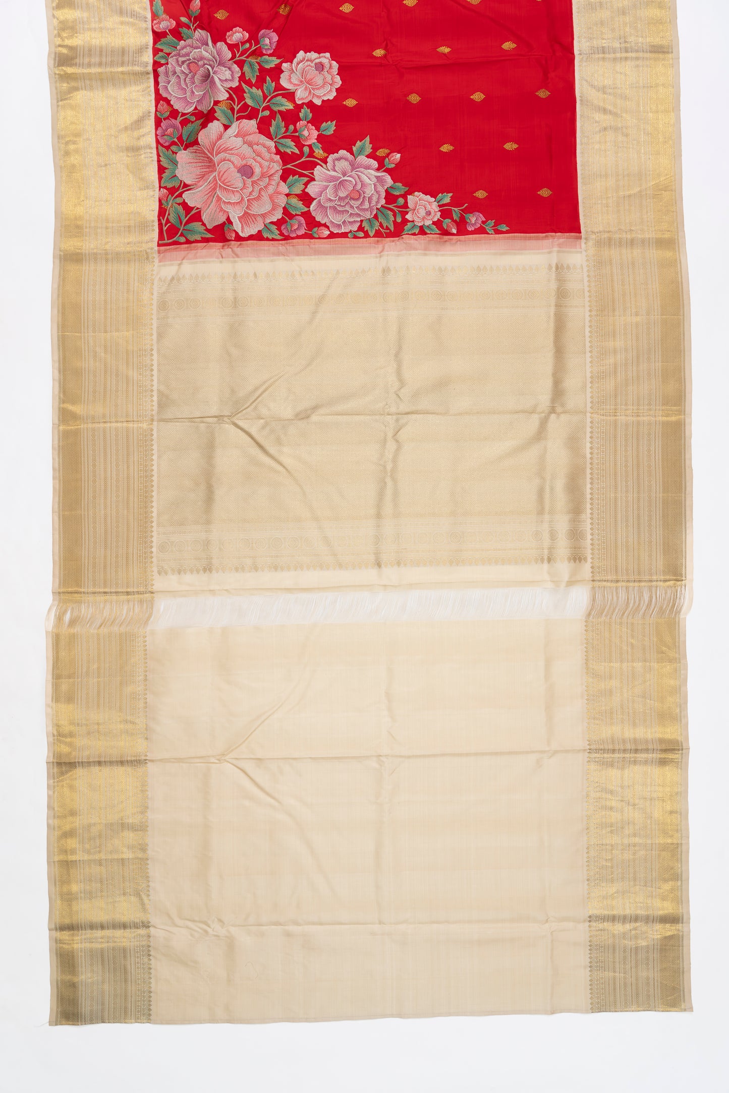 Red And Cream Kanchi Saree With Embroidery