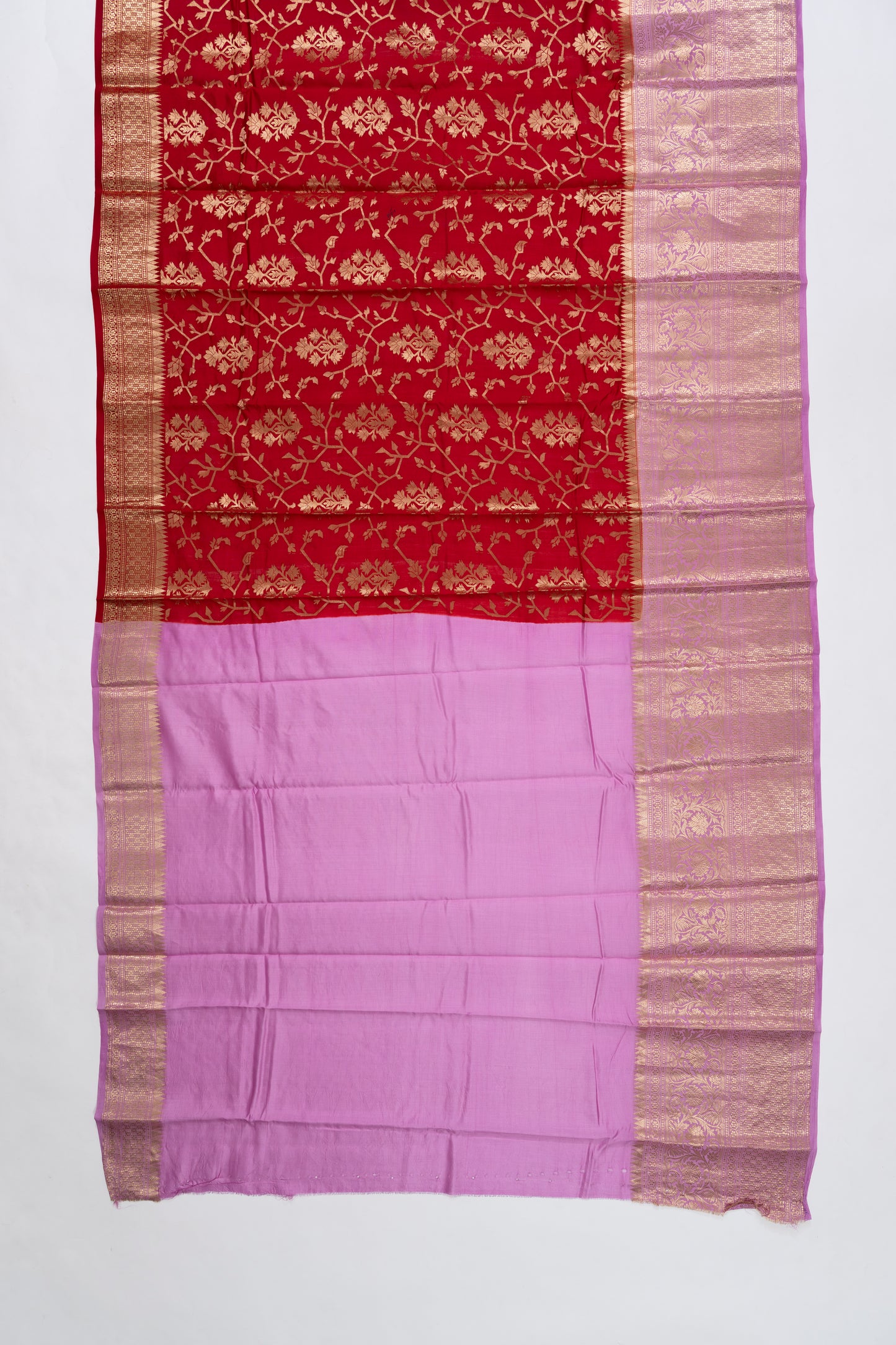Bright Red & Purple Jaal Chiniya Silk Saree