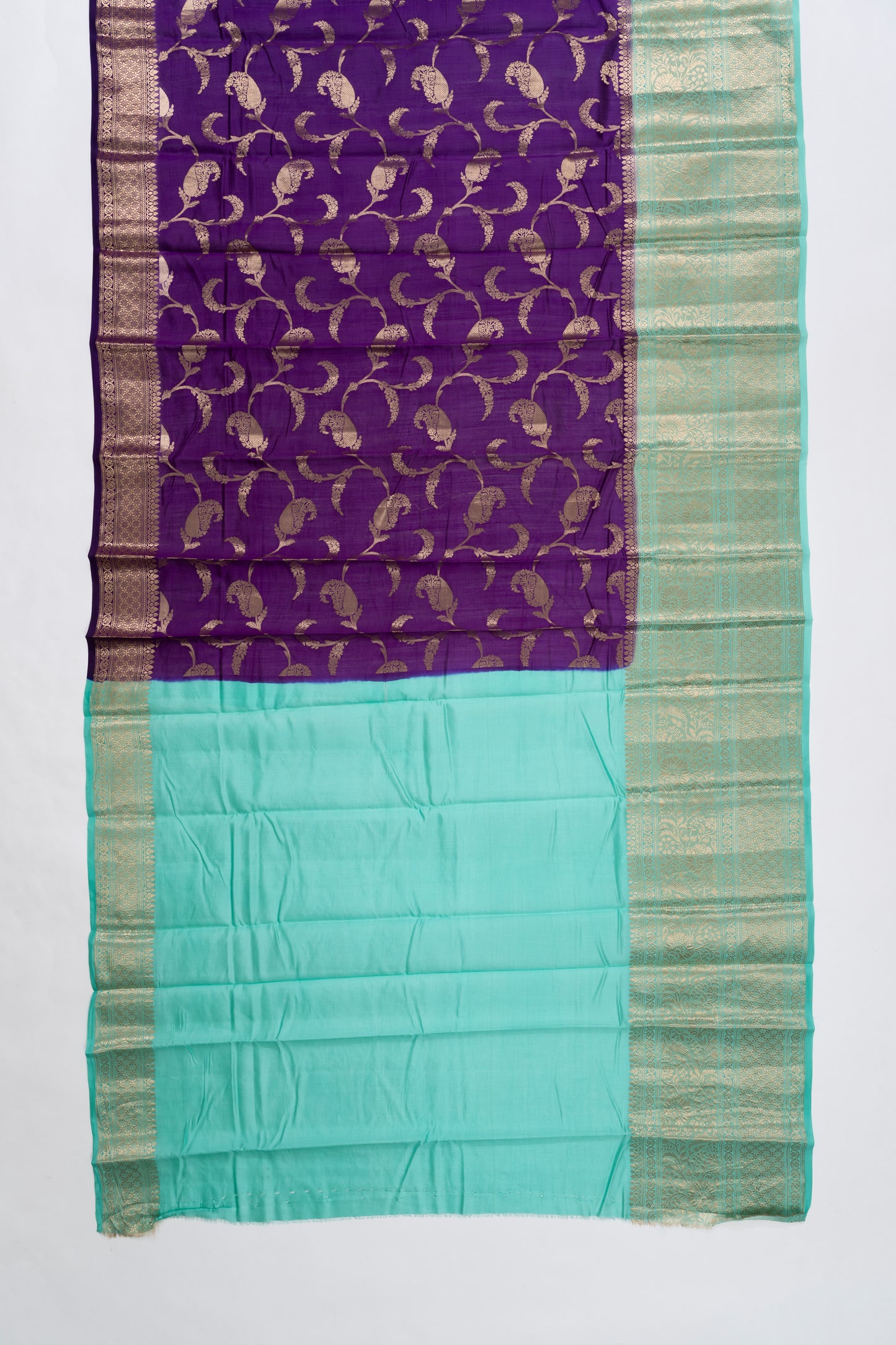 Purple & Sea Green Jaal Chiniya Silk Saree