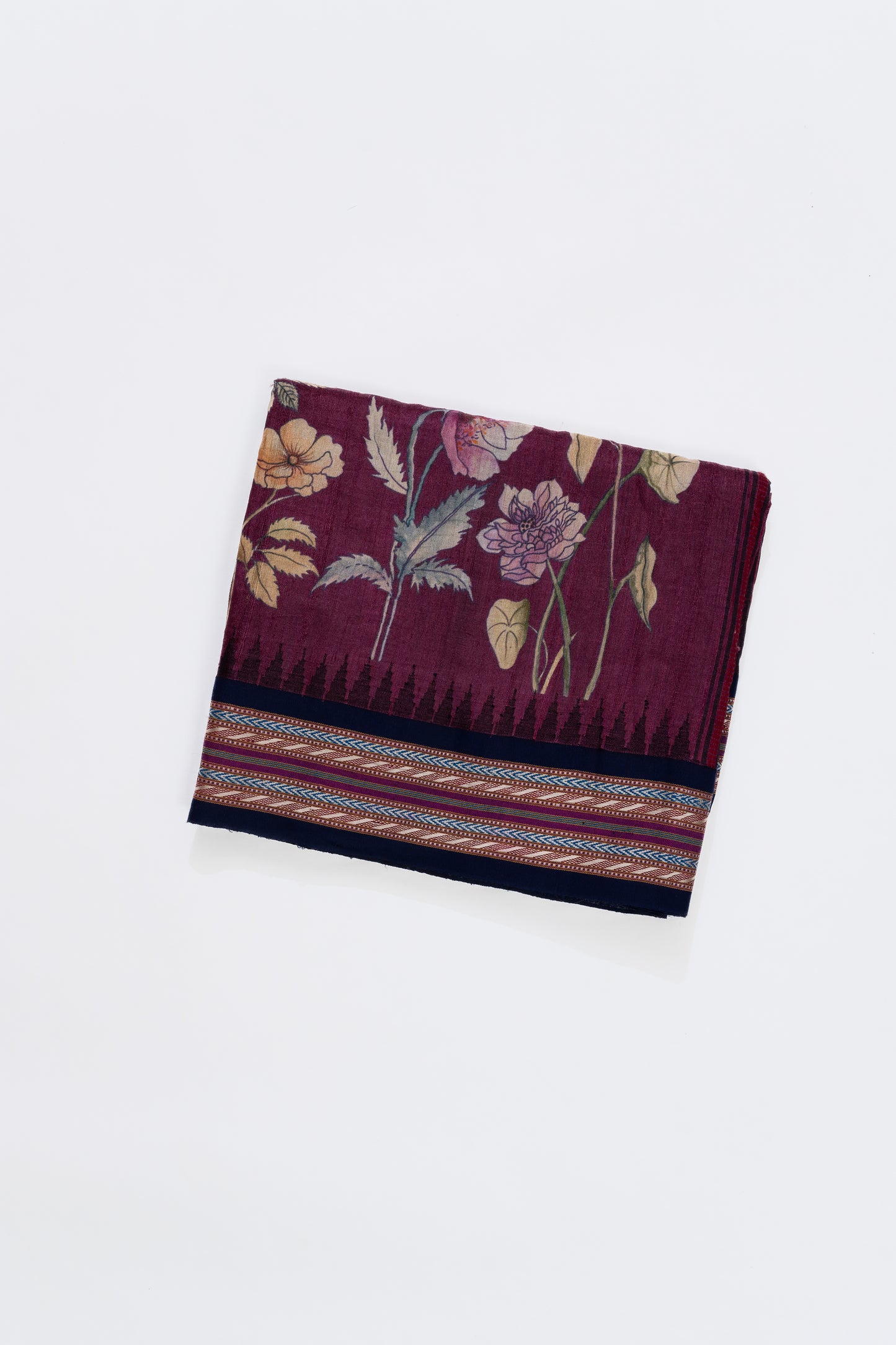 Wine And Navy Blue Printed Tussar Silk Saree