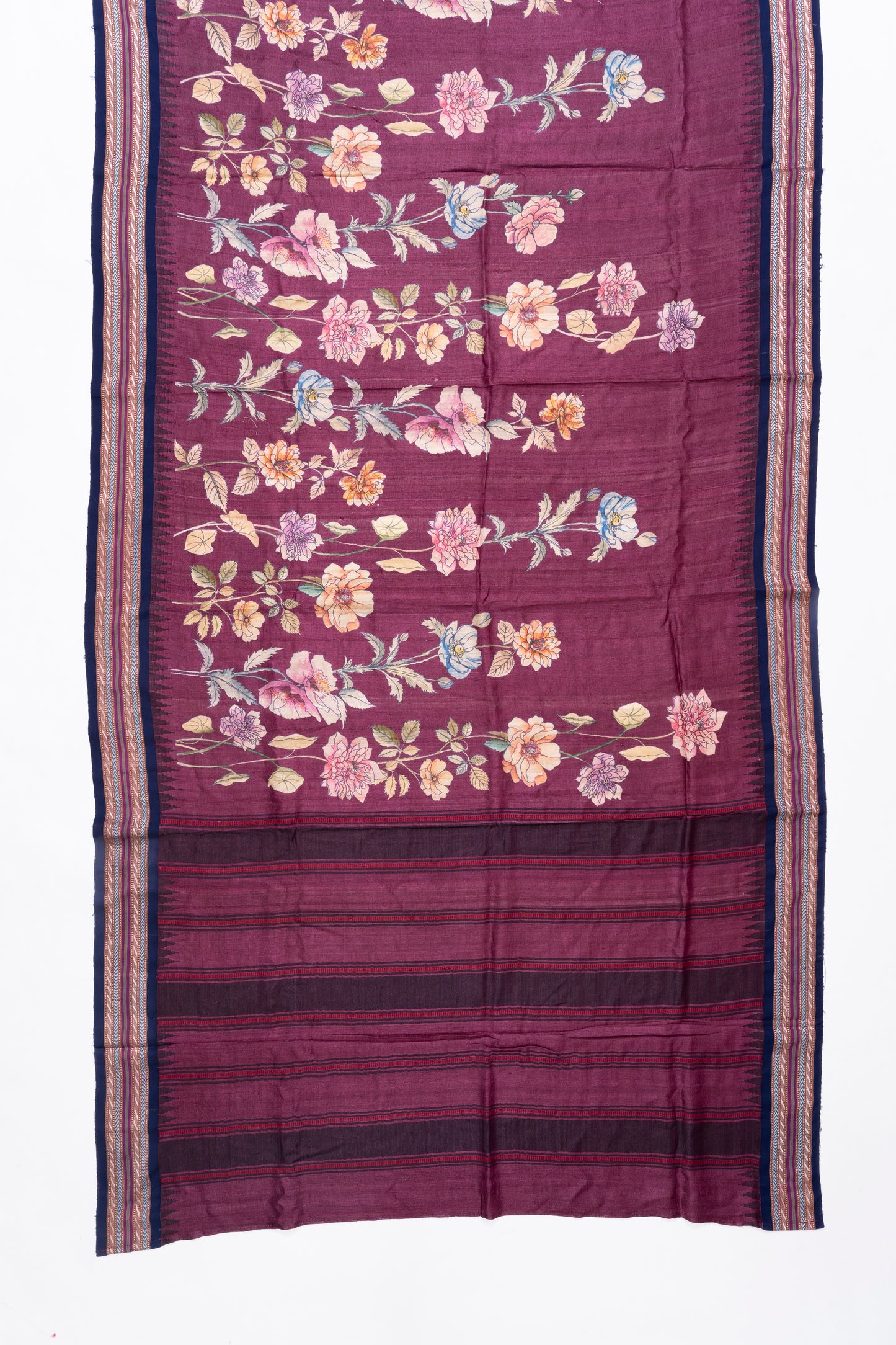 Wine And Navy Blue Printed Tussar Silk Saree