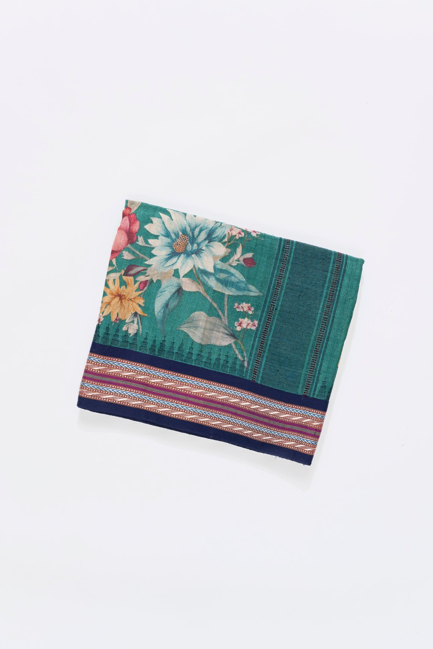 Pine Green And Blue Printed Tussar Silk Saree