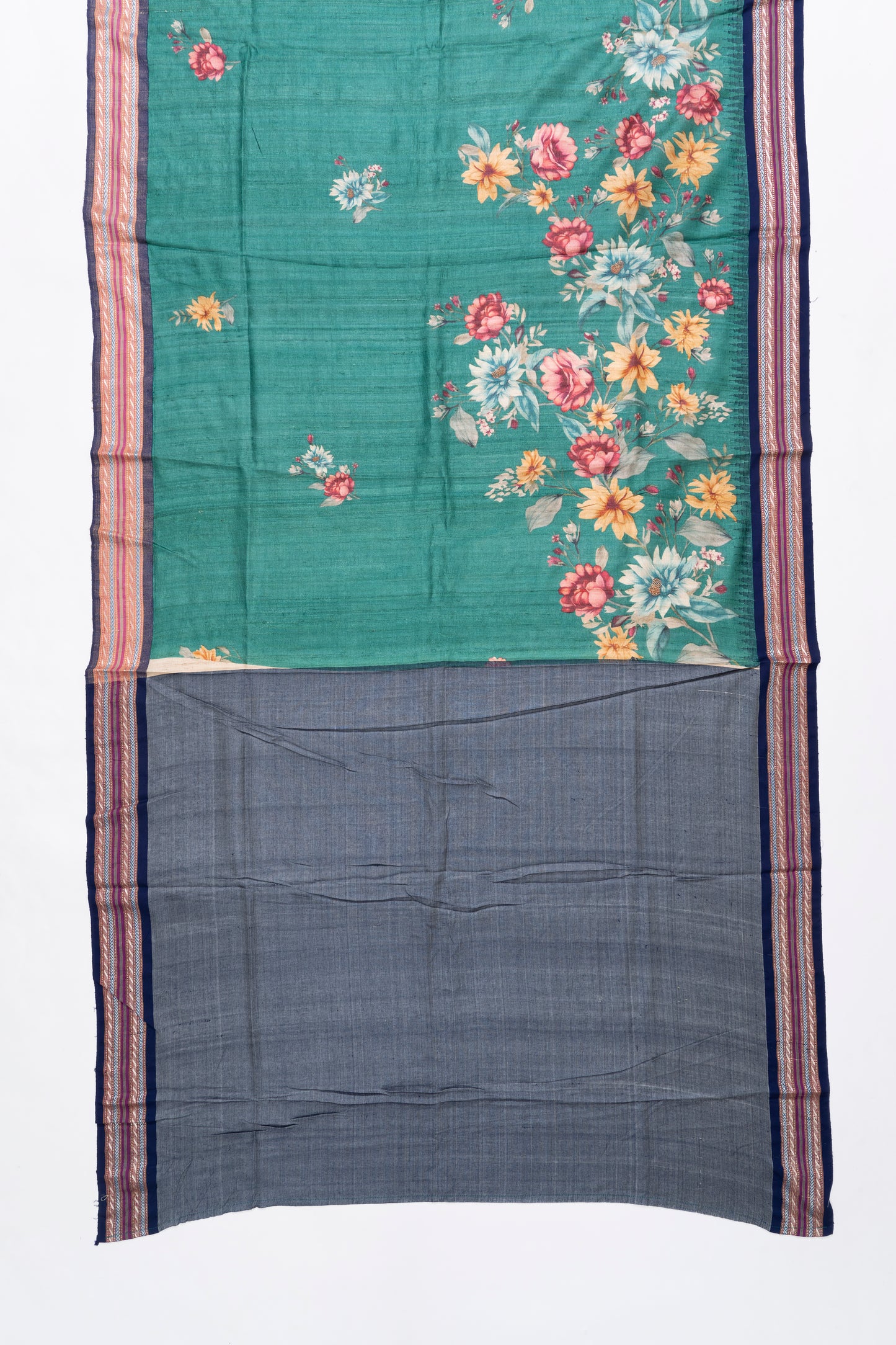 Pine Green And Blue Printed Tussar Silk Saree