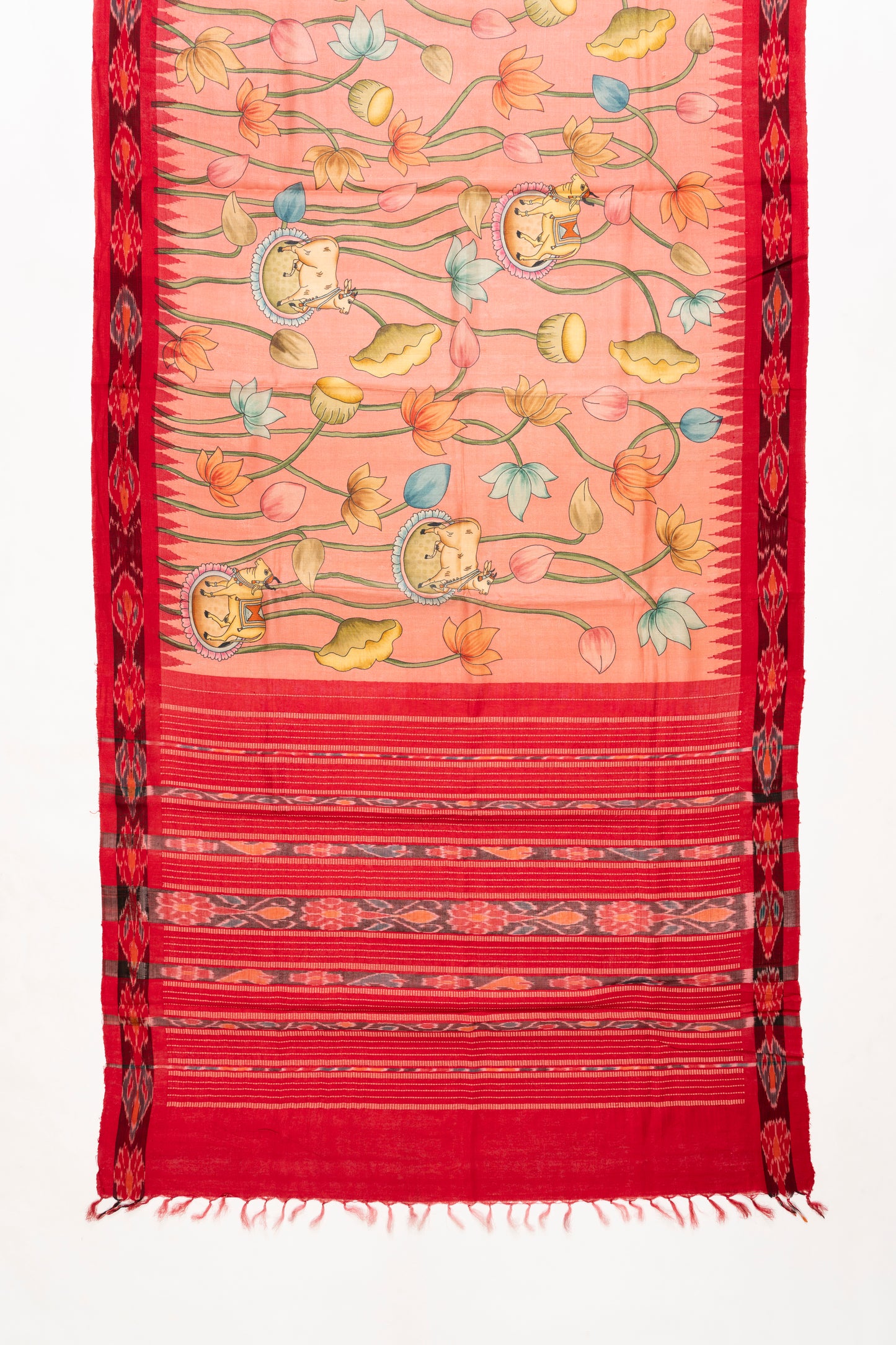 Soft Peach And Red Pichwai Printed Tussar Silk Saree