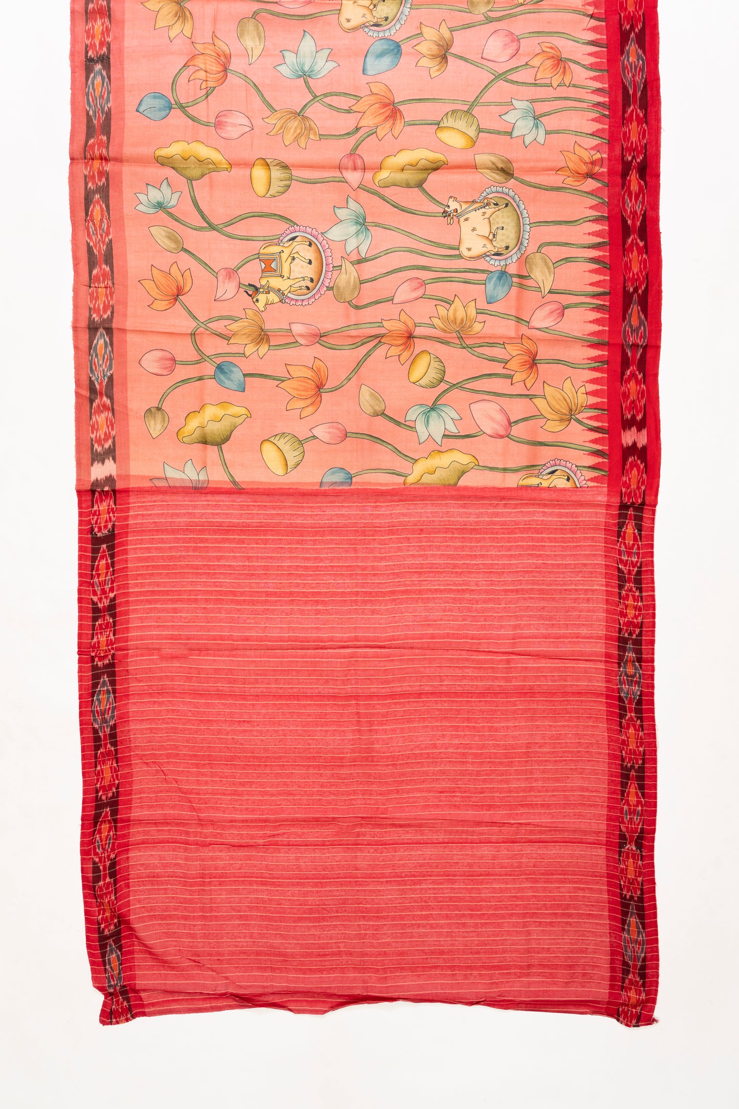 Soft Peach And Red Pichwai Printed Tussar Silk Saree