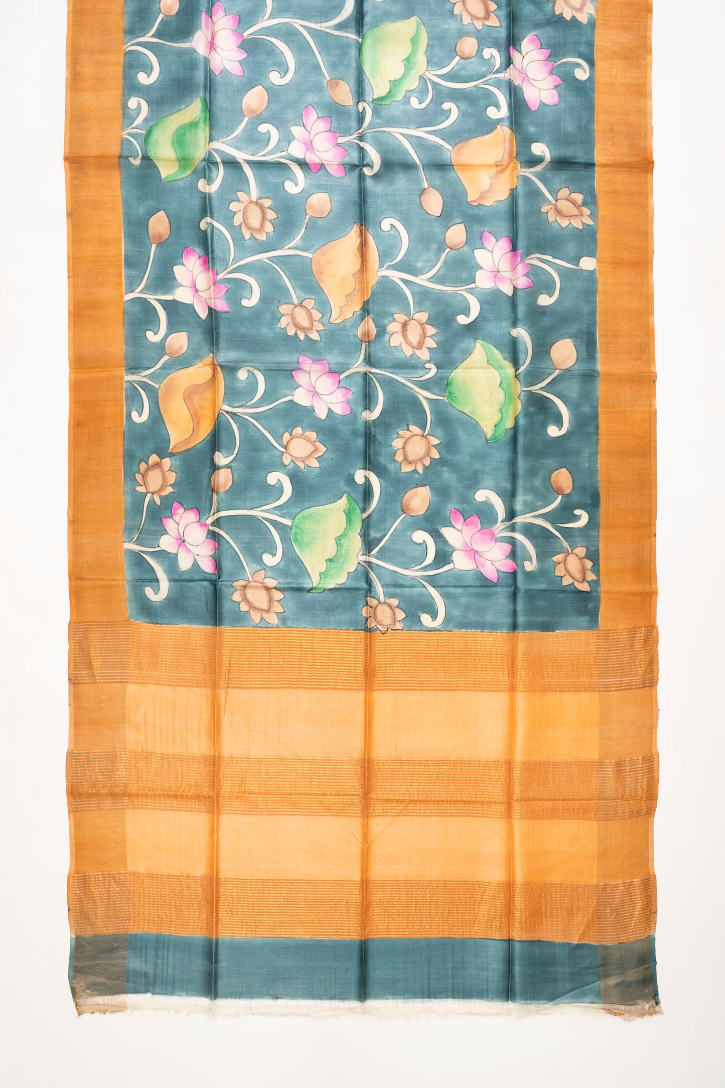 Teal Blue Floral Printed Bhagalpur Silk Saree