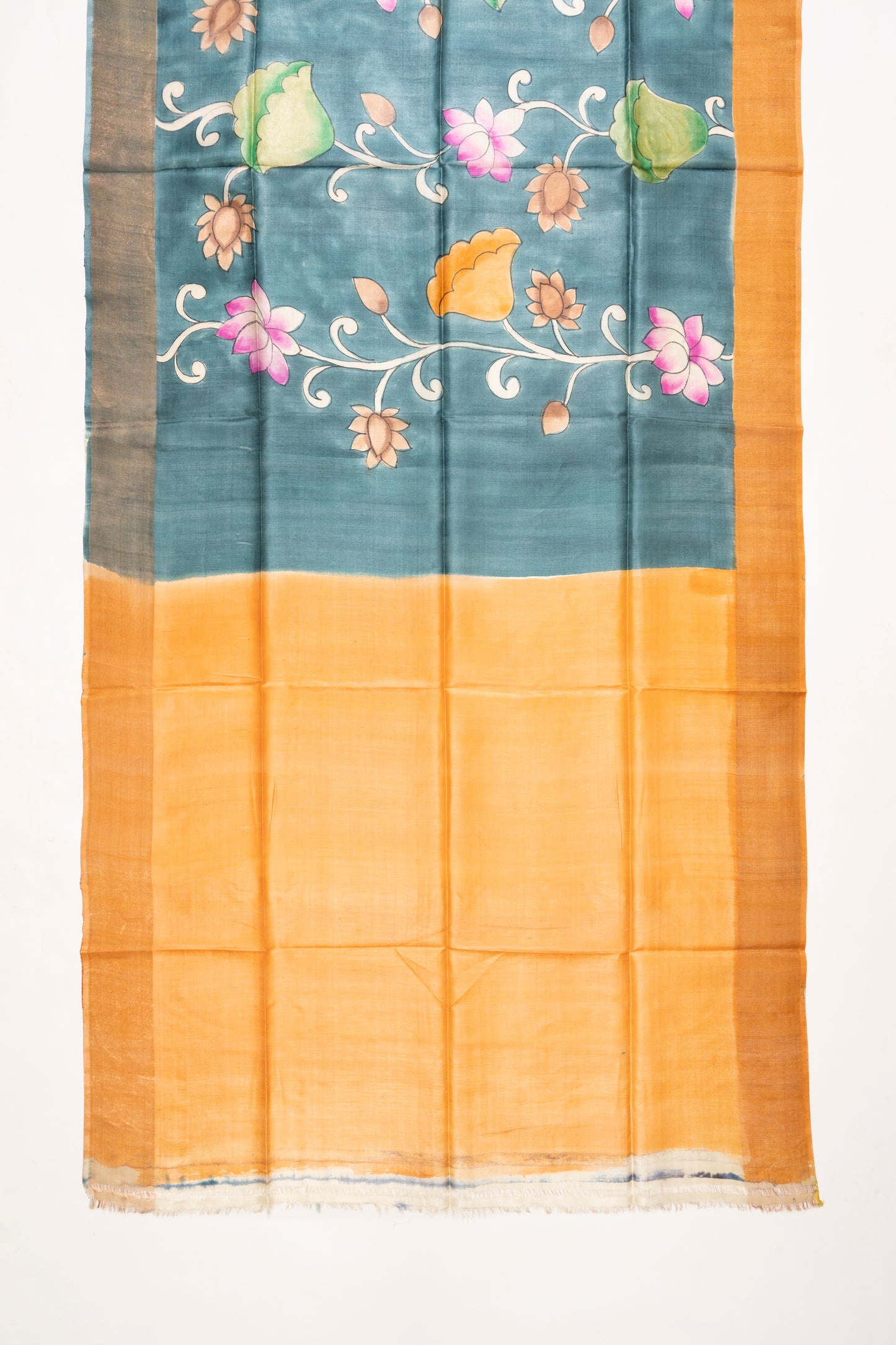 Teal Blue Floral Printed Bhagalpur Silk Saree