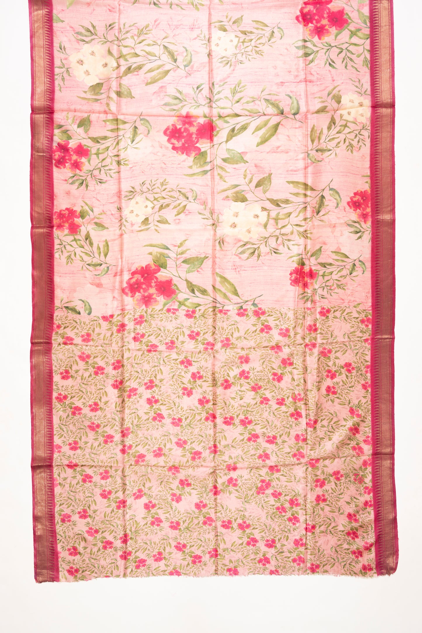 Peach Pink Floral Printed Bhagalpur Silk Saree