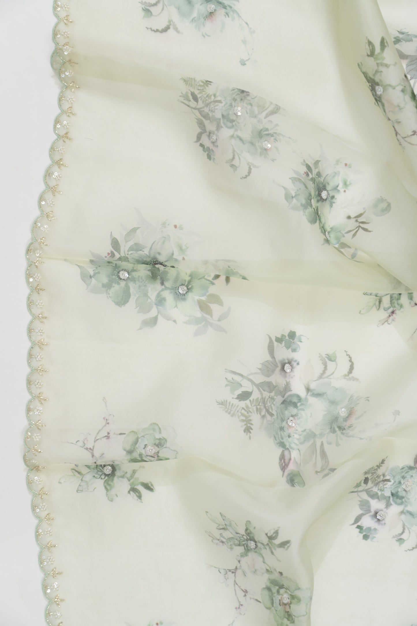 Pale Pista Green Printed Organza Saree