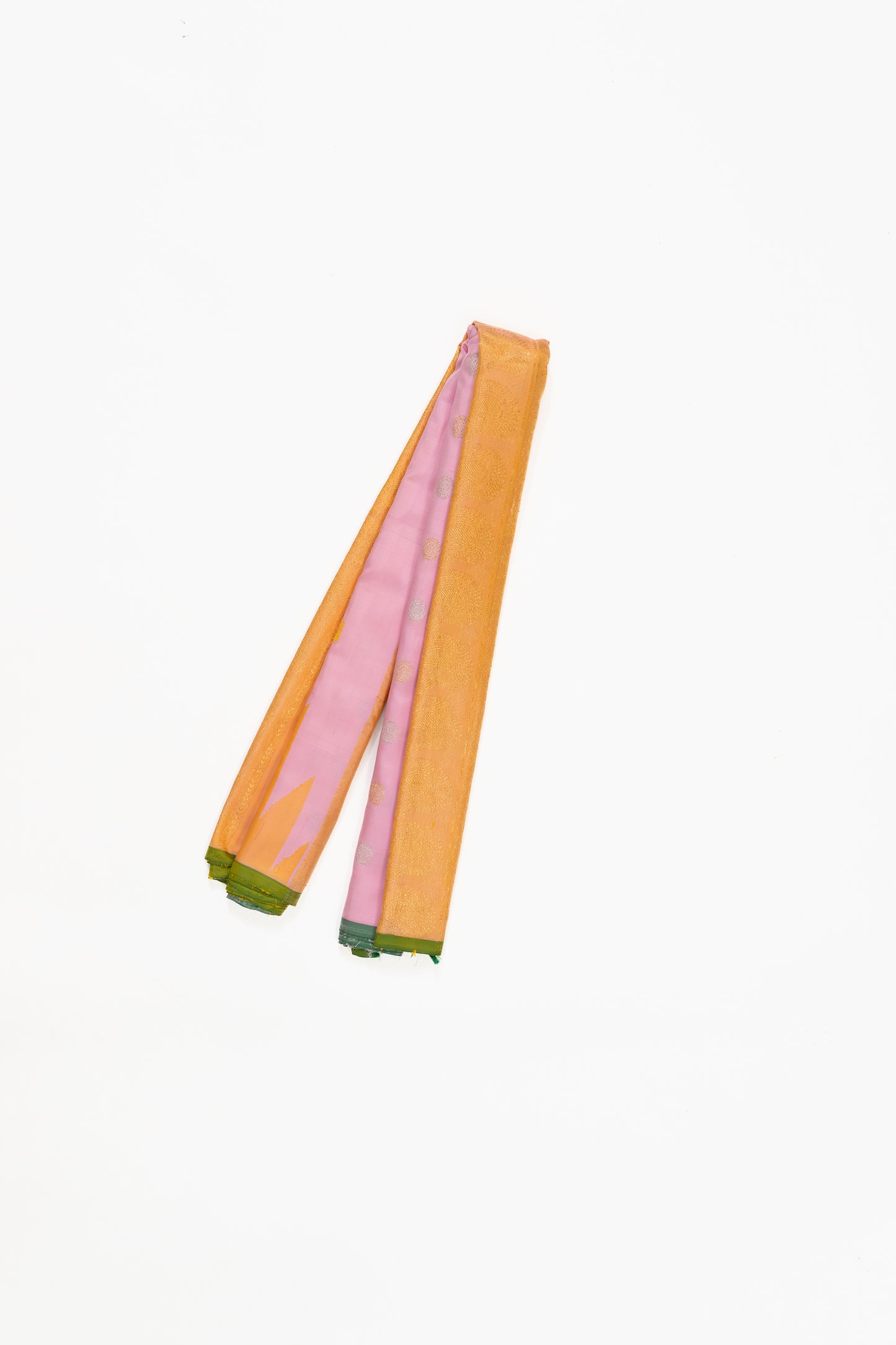 Baby Pink & Yellow Gadwal Pattu Silk Saree With Temple Border