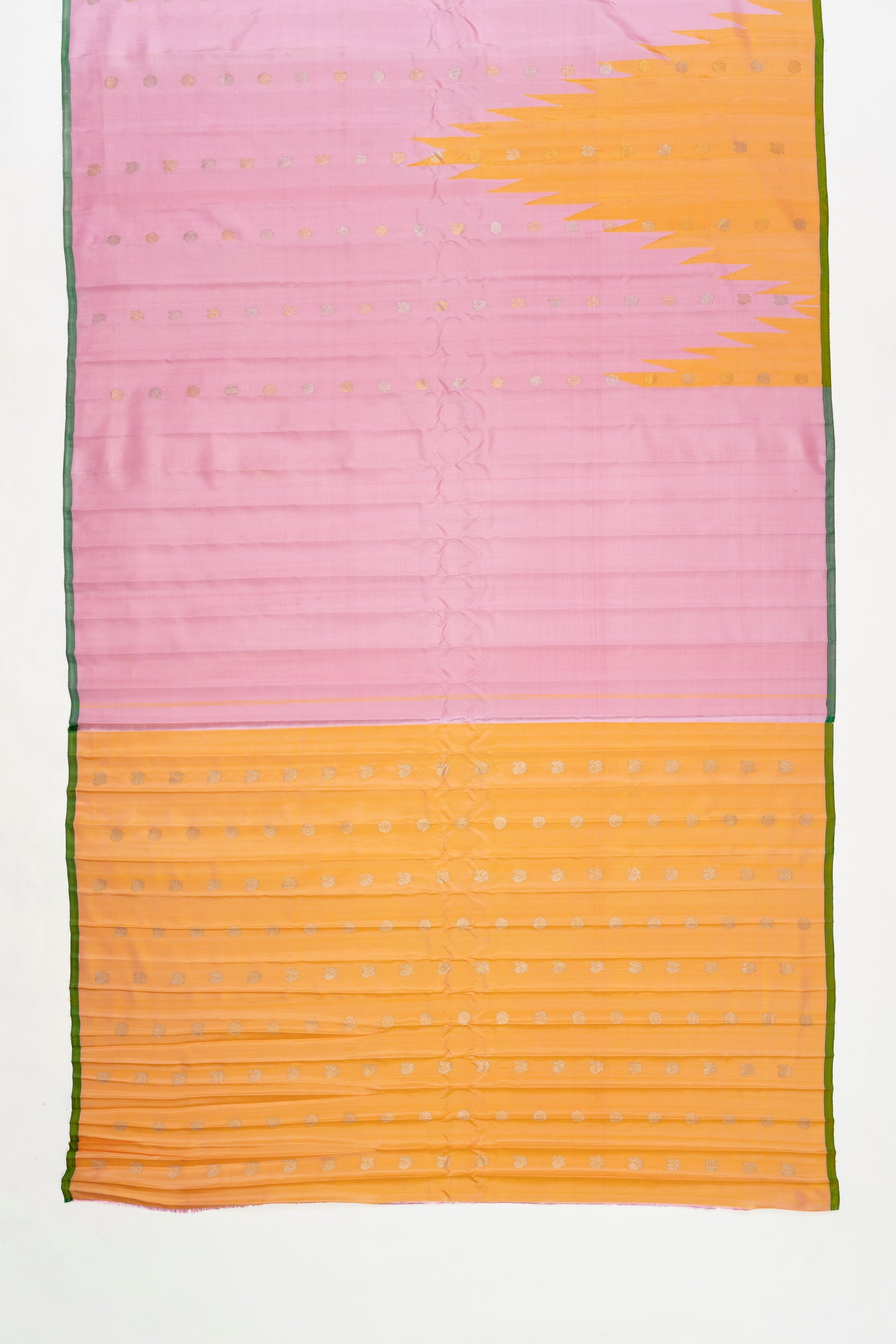 Baby Pink & Yellow Gadwal Pattu Silk Saree With Temple Border