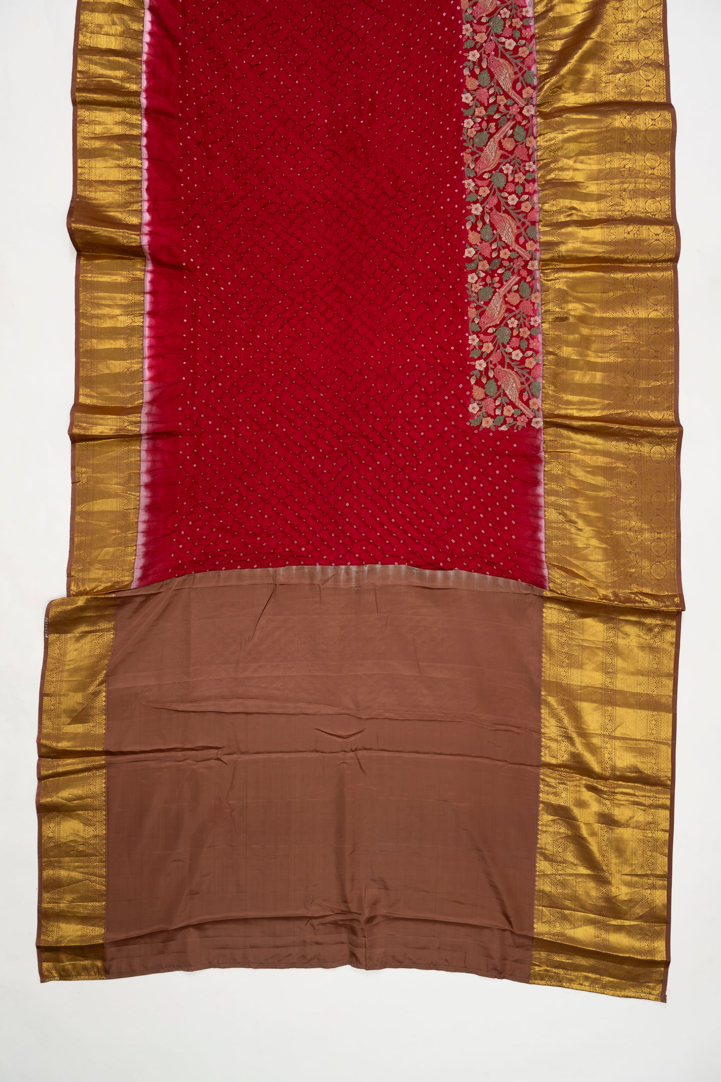 Red And Gold Kanchi Bandhini Saree With Embroidery
