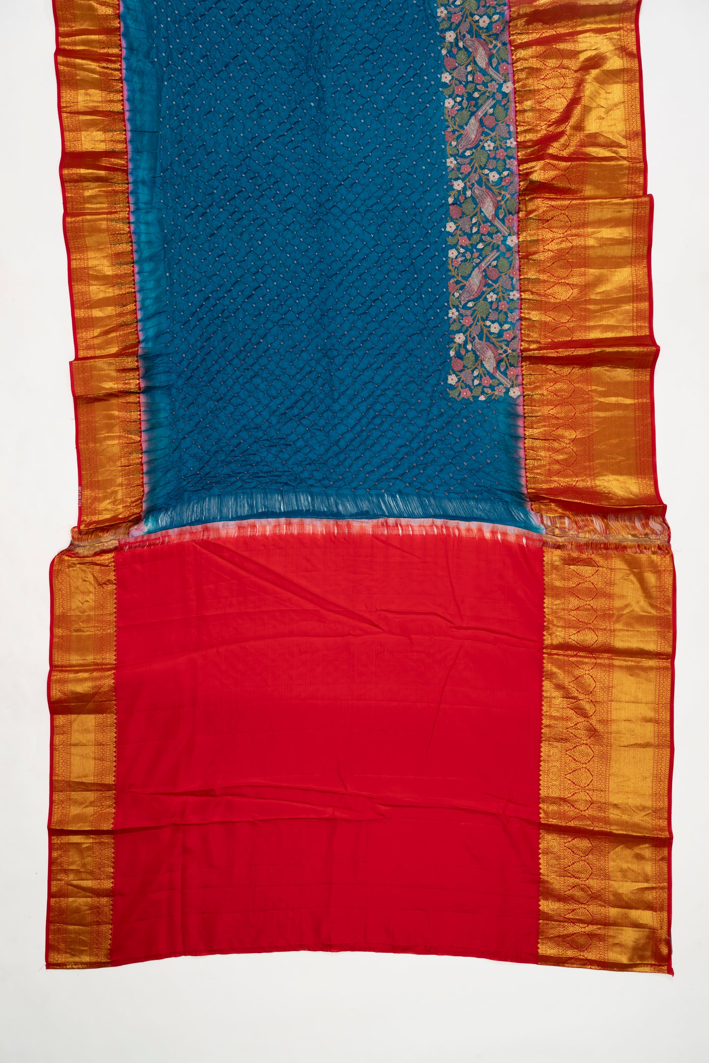 Mavericks Blue And Red Kanchi Bandhini Saree With Embroidery