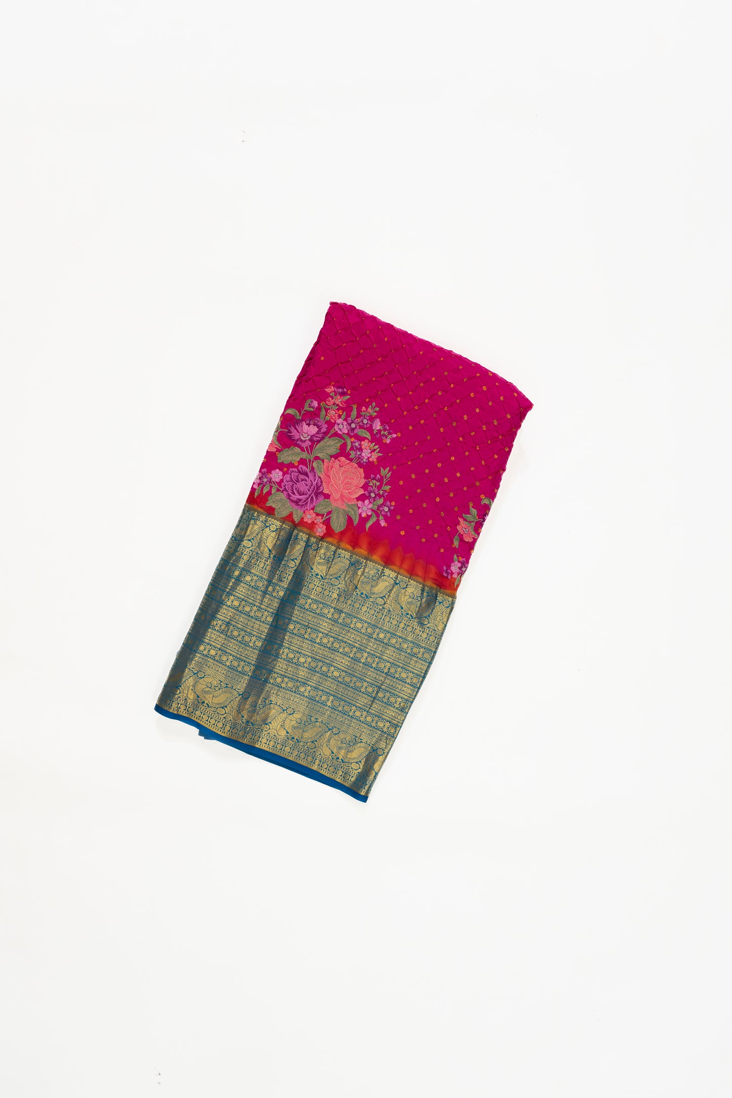 Cherry Pink And Blue Kanchi Bandhini Saree With Embroidery