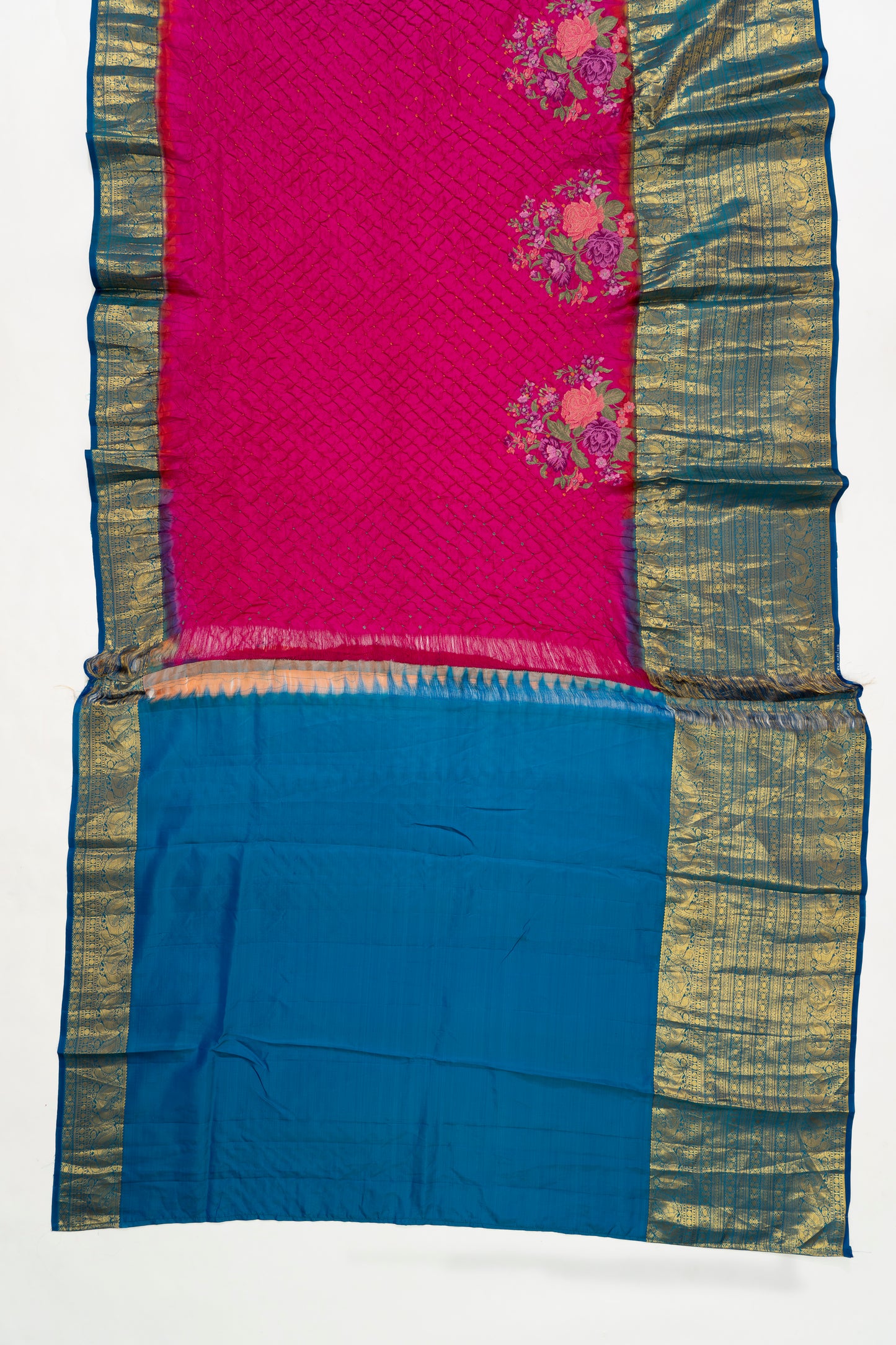 Cherry Pink And Blue Kanchi Bandhini Saree With Embroidery