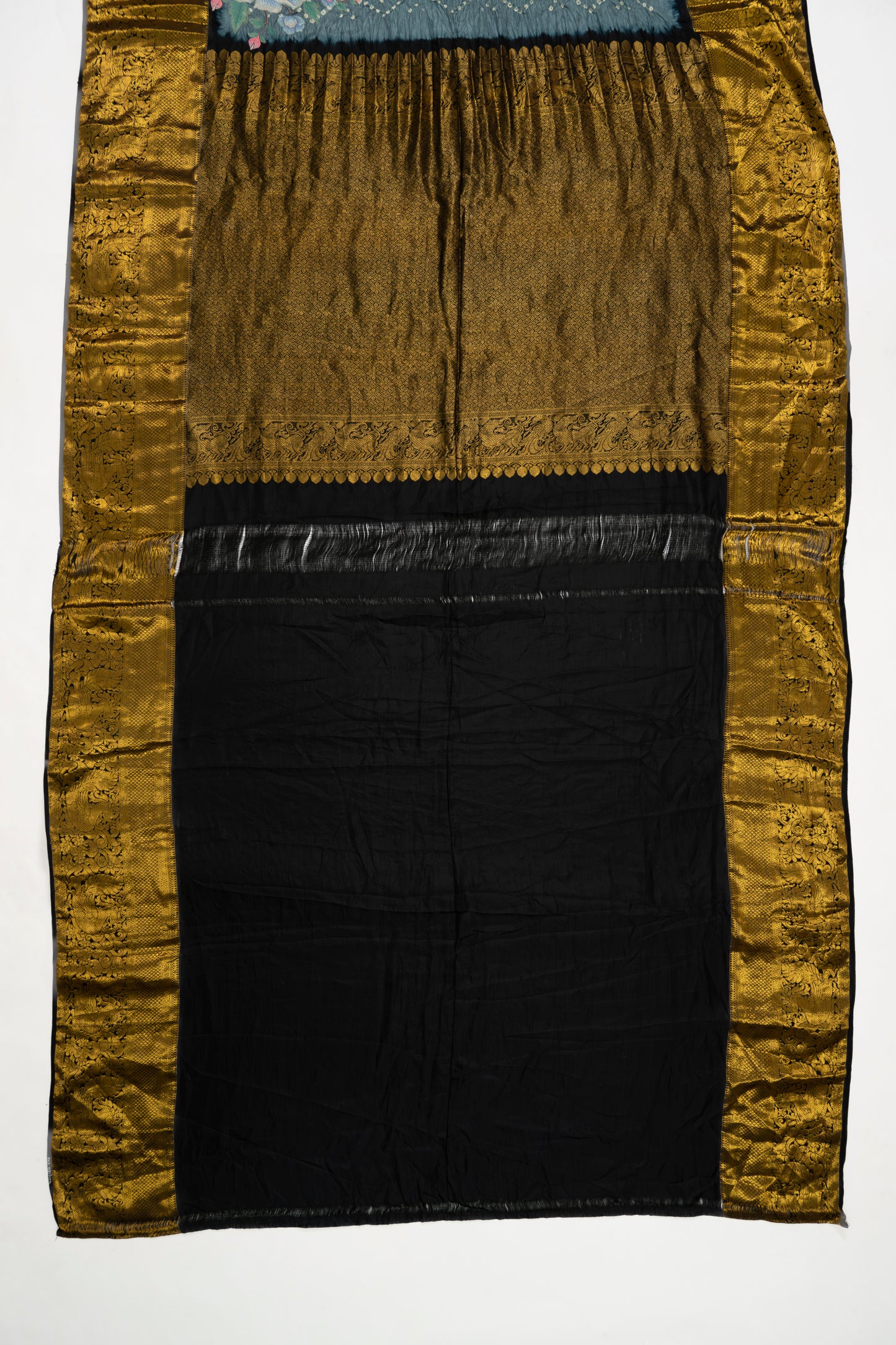 Grey And Black Kanchi Bandhini Saree With Embroidery