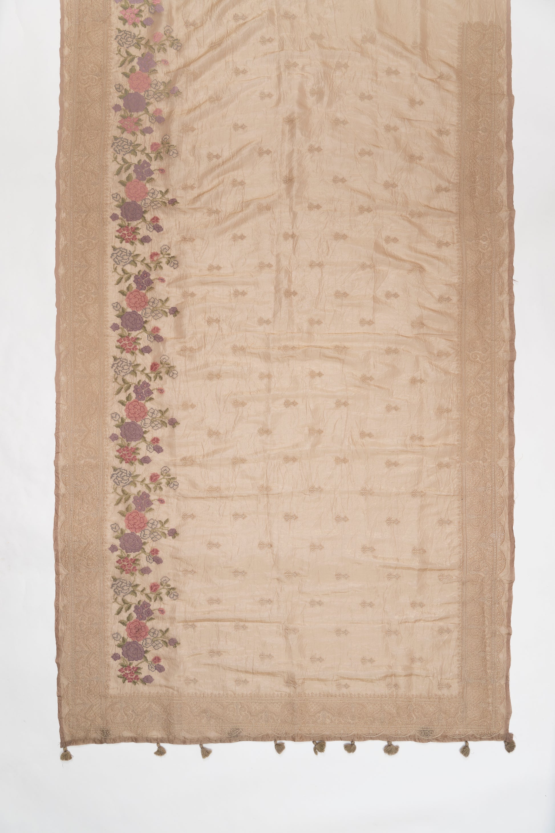 Pale Gold Embroidered Crush Tissue Saree