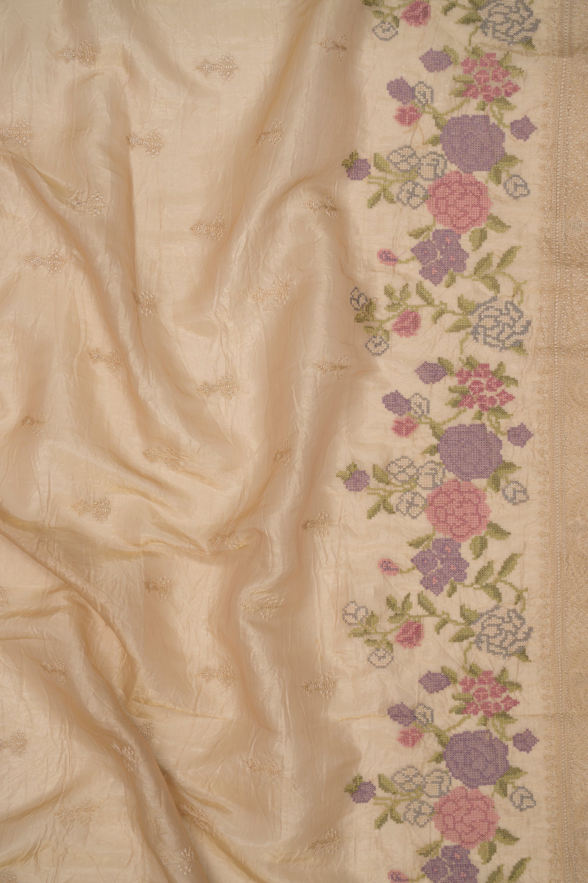 Pale Gold Embroidered Crush Tissue Saree