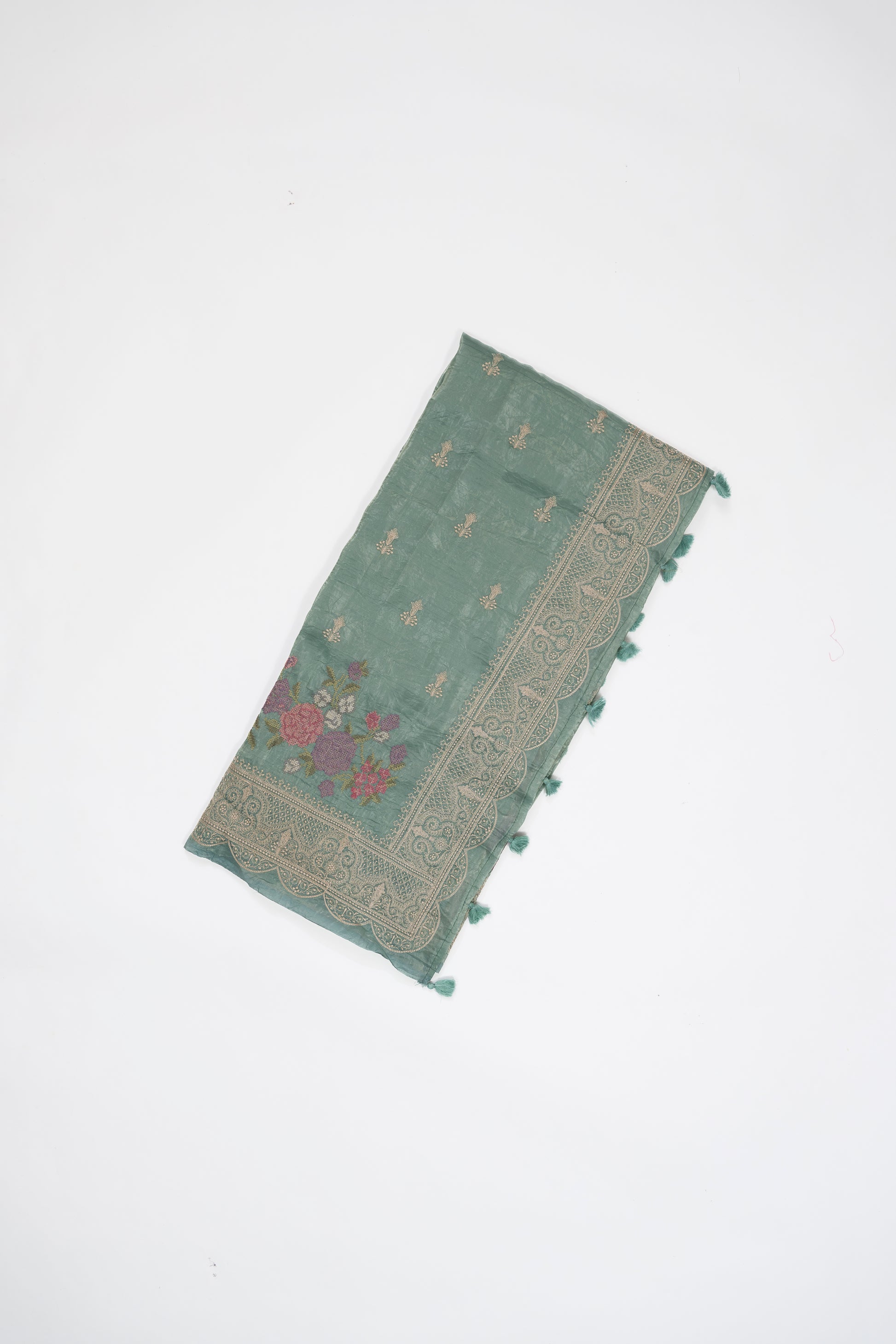 Tiffany Blue Embroidered Crush Tissue Saree