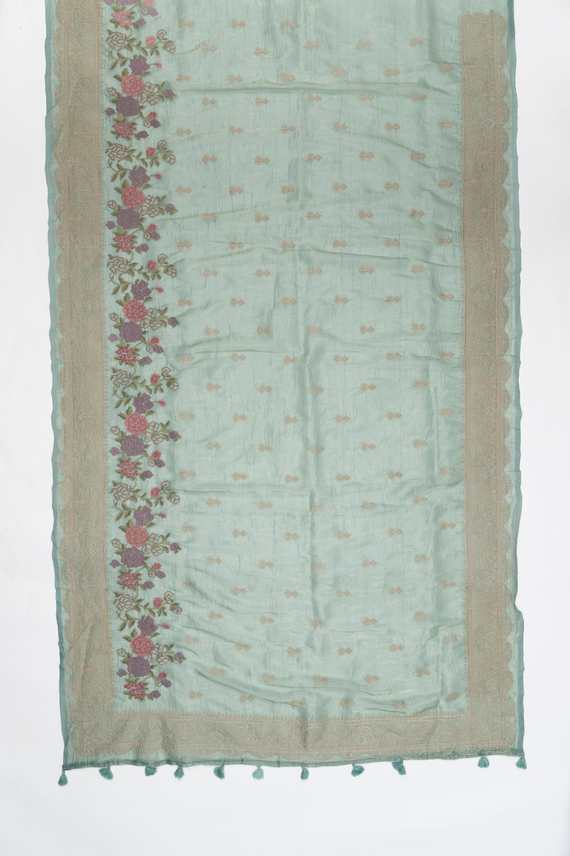 Tiffany Blue Embroidered Crush Tissue Saree